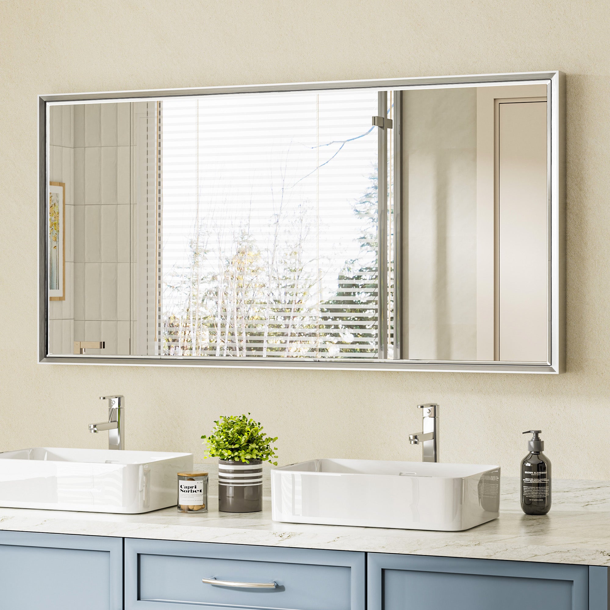 Lusso Beveled Rectangle Bathroom Mirror | 48" x 24" Large Metal Framed Wall Mirror for Double Vanity