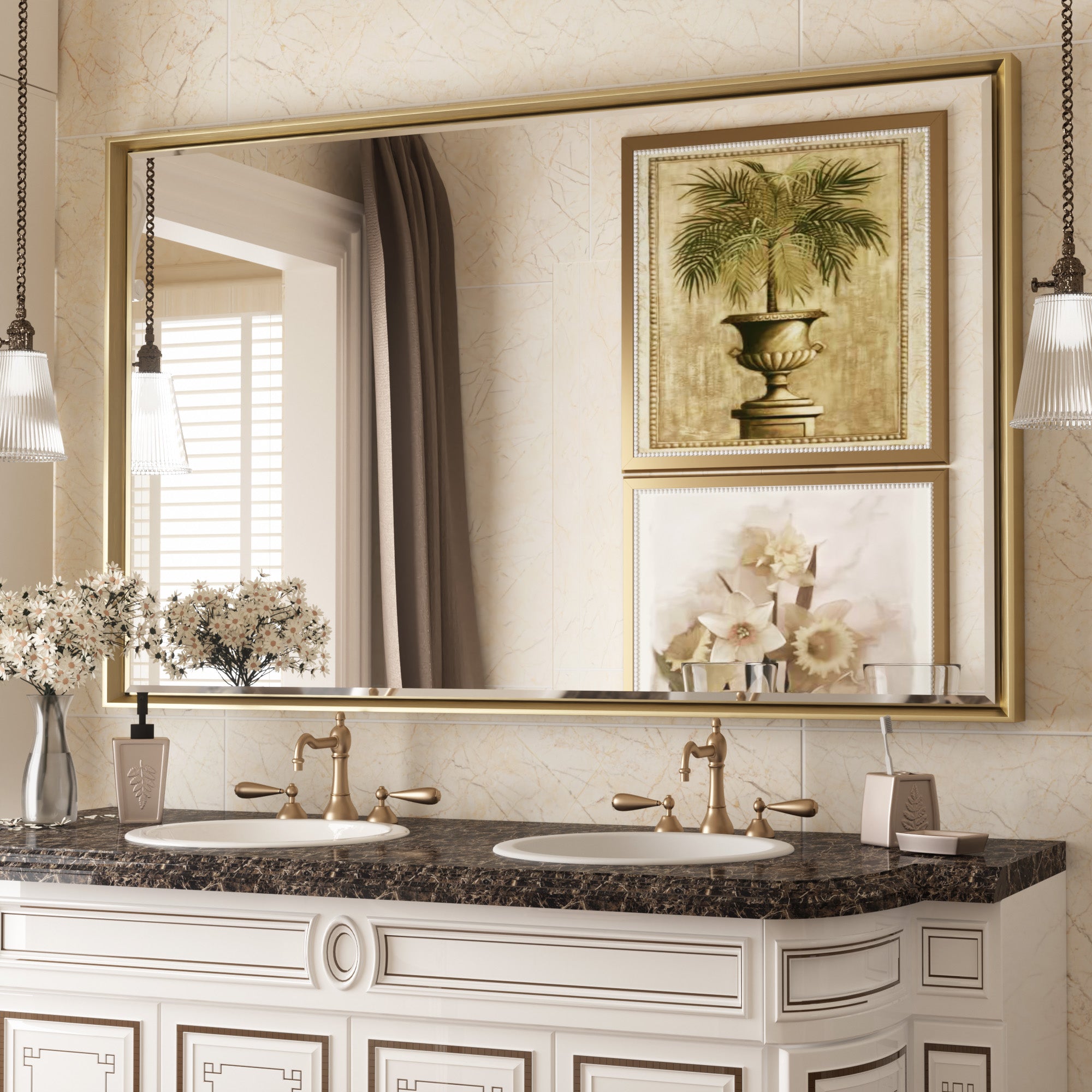 Lusso Beveled Rectangle Bathroom Mirror | 48" x 30" Large Metal Framed Wall Mirror for Double Vanity