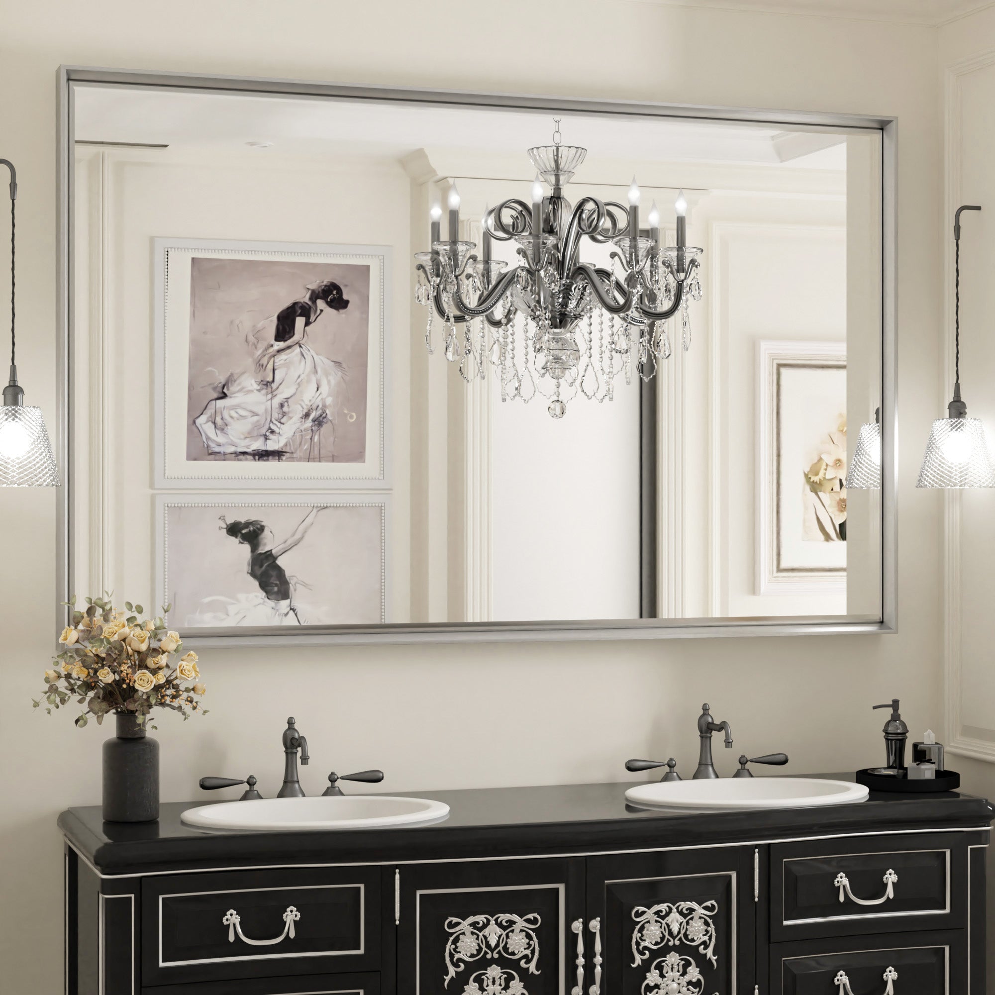 Lusso Beveled Rectangle Bathroom Mirror | 48" x 30" Large Metal Framed Wall Mirror for Double Vanity