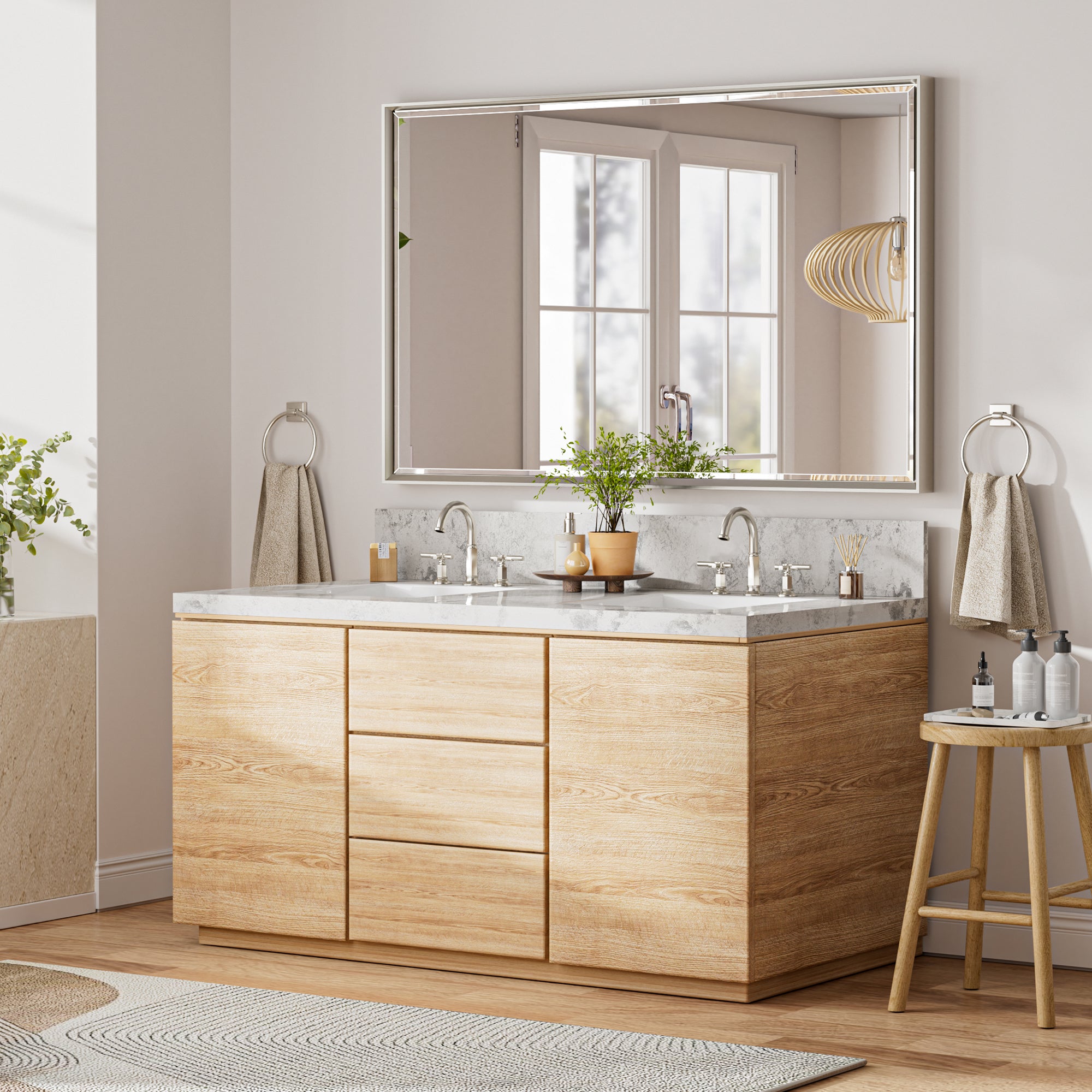 Lusso Beveled Rectangle Bathroom Mirror | 48" x 30" Large Metal Framed Wall Mirror for Double Vanity
