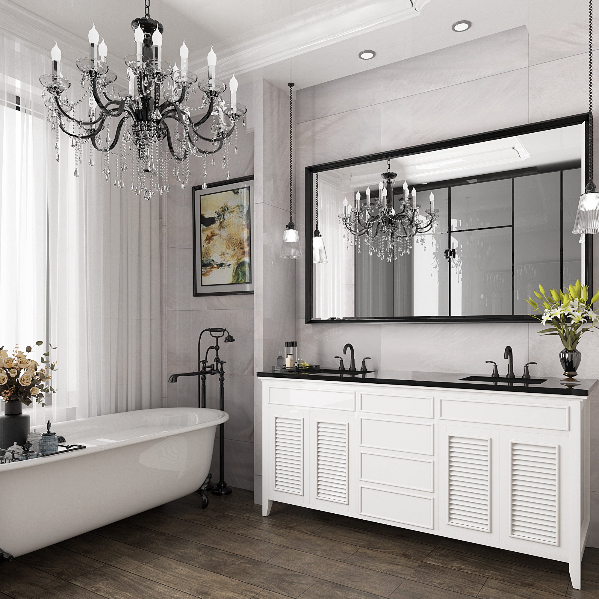 Lusso Beveled Rectangle Bathroom Mirror | 48" x 30" Large Metal Framed Wall Mirror for Double Vanity