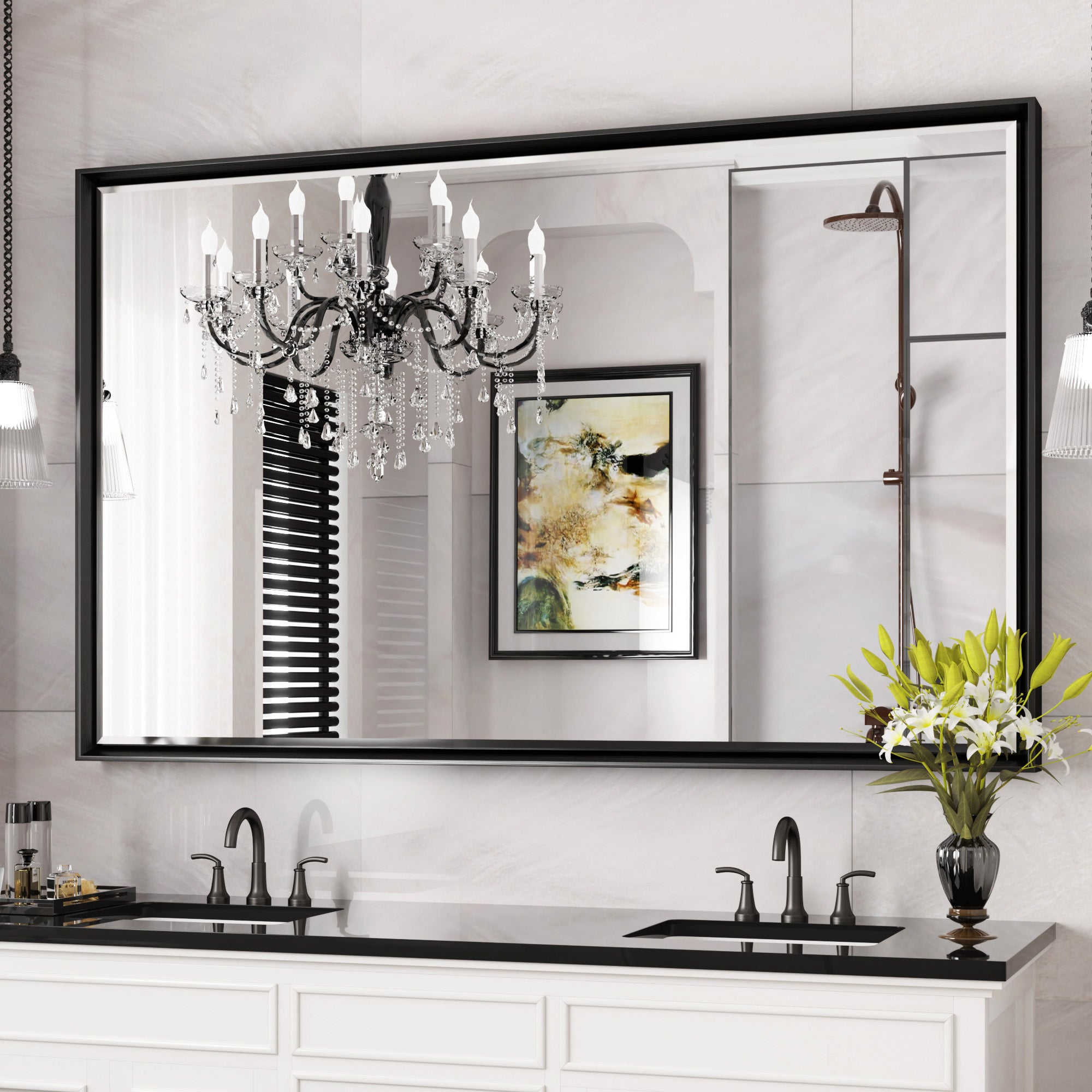 Lusso Beveled Rectangle Bathroom Mirror | 48" x 30" Large Metal Framed Wall Mirror for Double Vanity