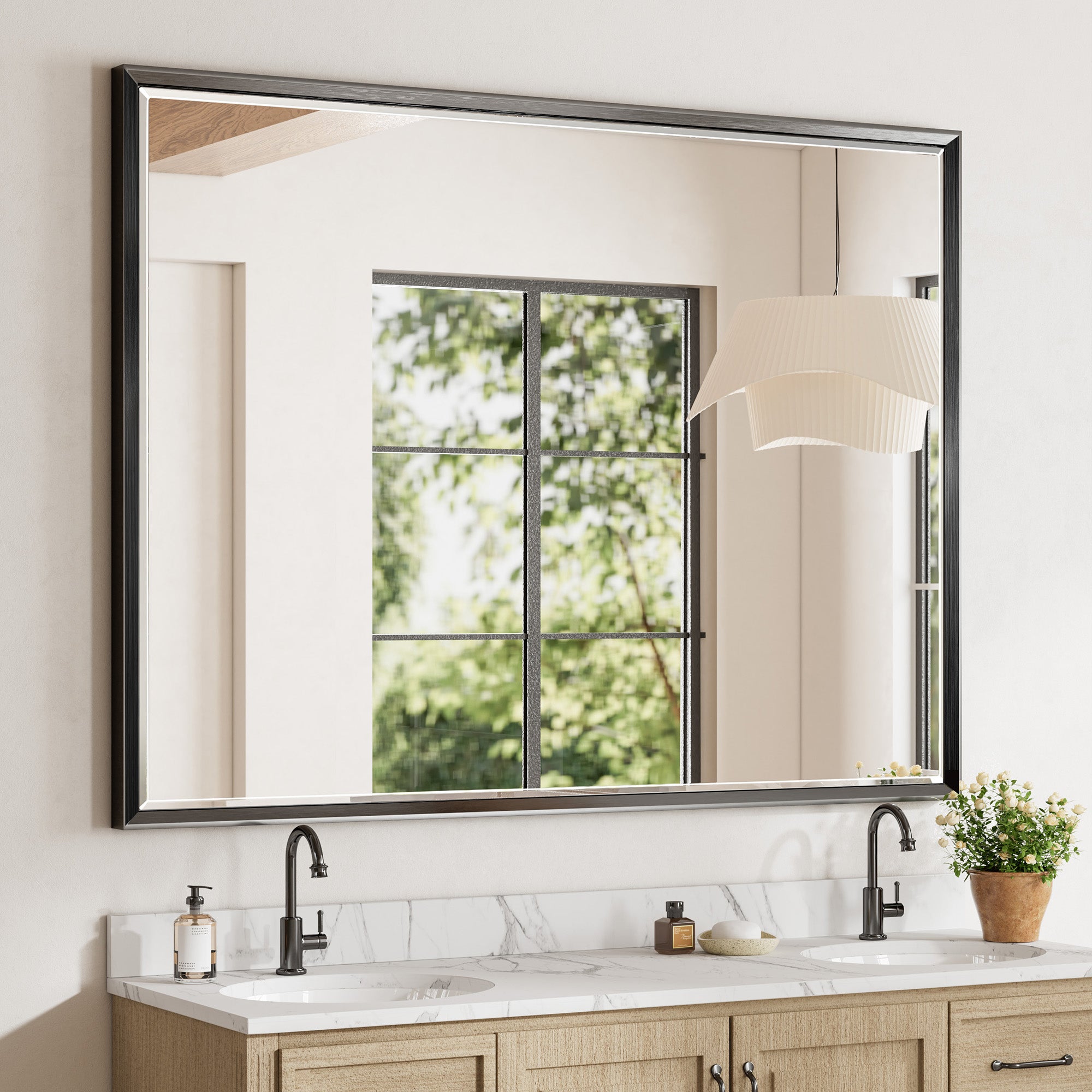 Lusso Beveled Rectangle Bathroom Mirror | 48" x 36" Large Metal Framed Wall Mirror for Double Vanity