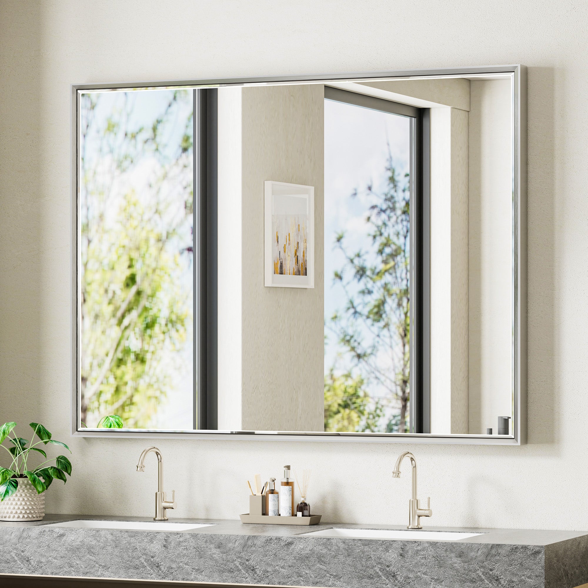 Lusso Beveled Rectangle Bathroom Mirror | 48" x 36" Large Metal Framed Wall Mirror for Double Vanity