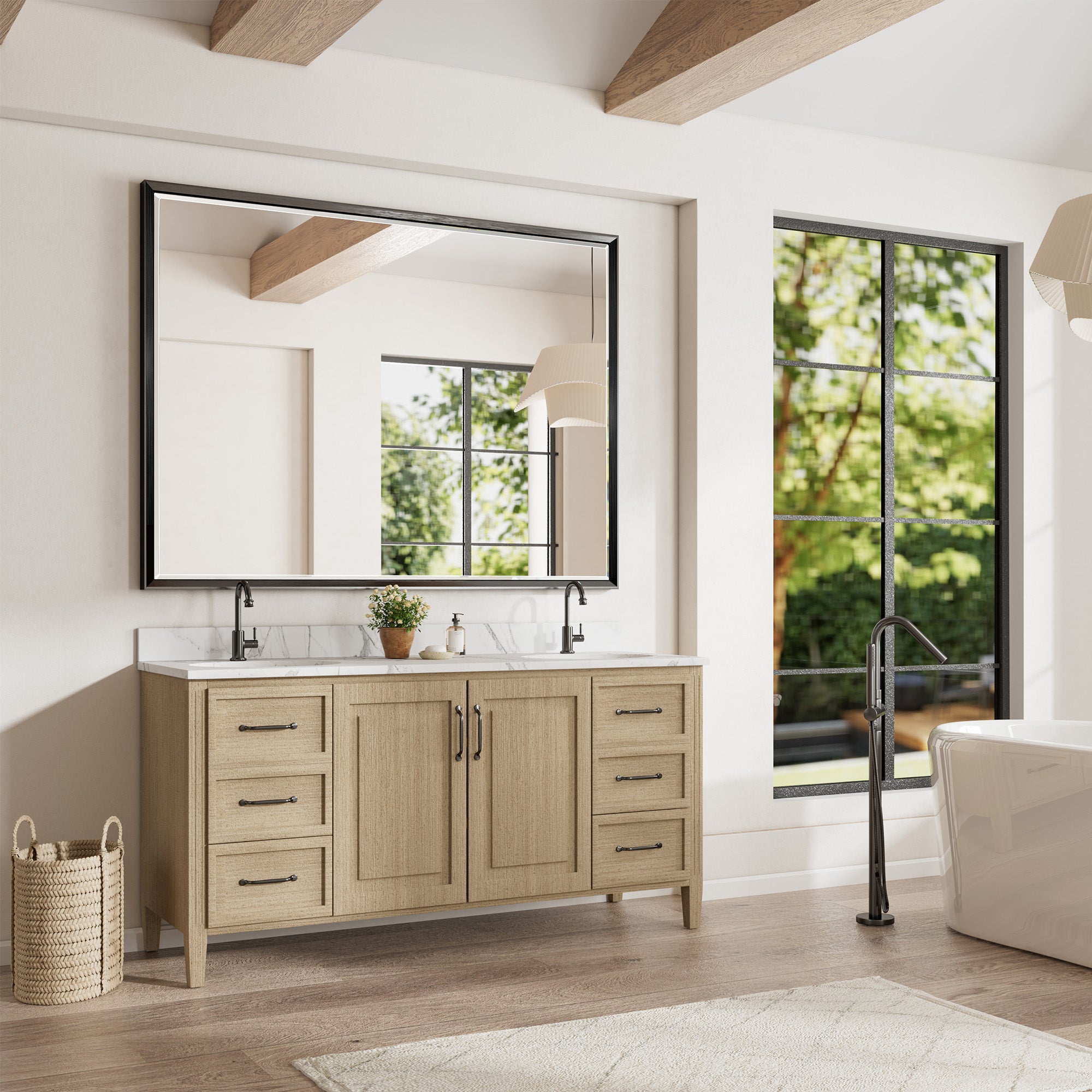 Lusso Beveled Rectangle Bathroom Mirror | 48" x 36" Large Metal Framed Wall Mirror for Double Vanity