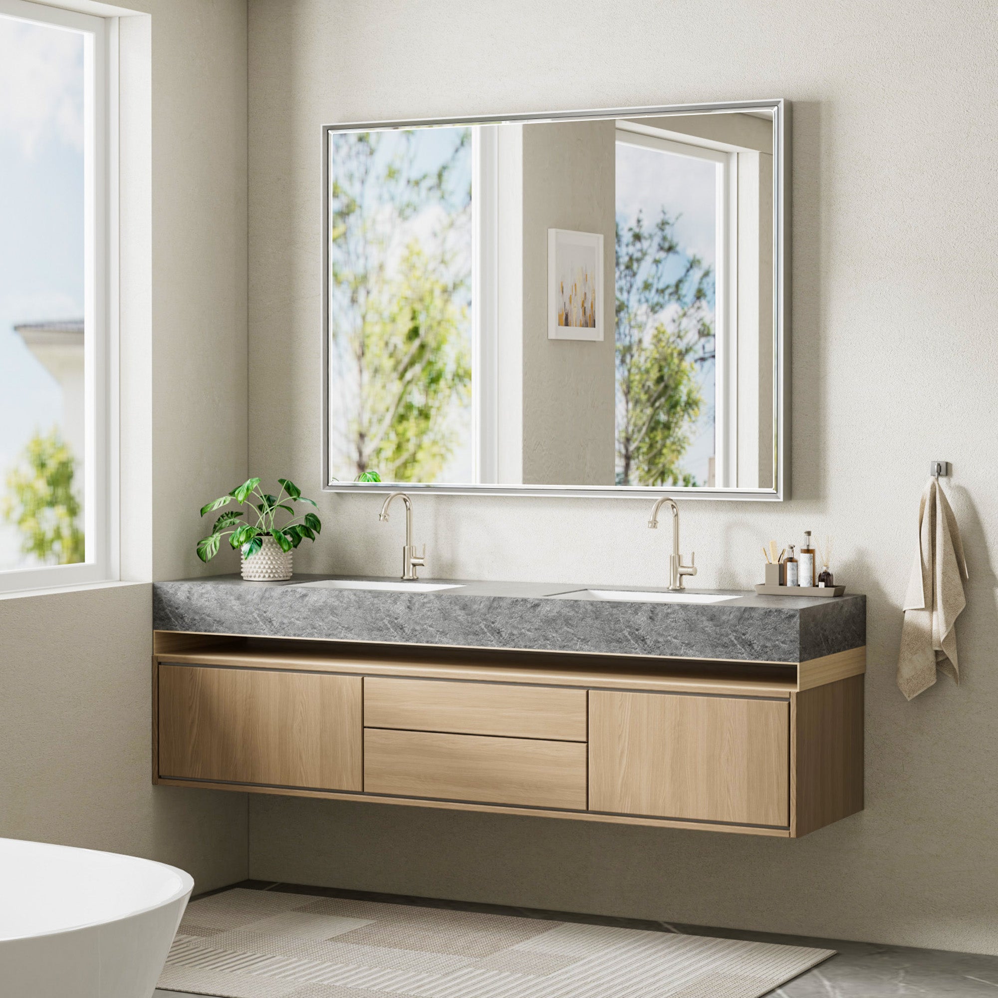 Lusso Beveled Rectangle Bathroom Mirror | 48" x 36" Large Metal Framed Wall Mirror for Double Vanity