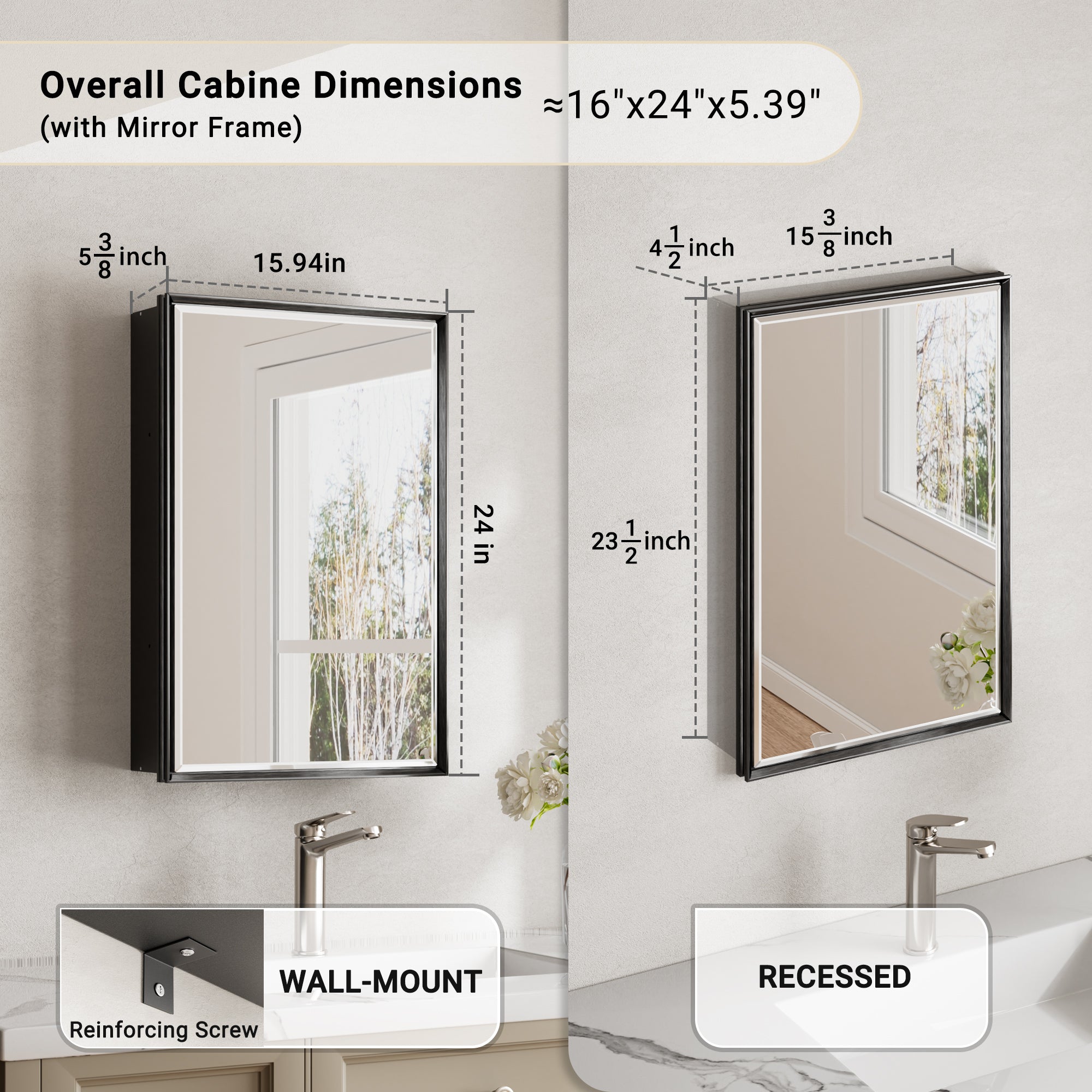 16x24'' Matte Black Framed Beveled Mirror Medicine Cabinet with Adjustable Glass Shelving