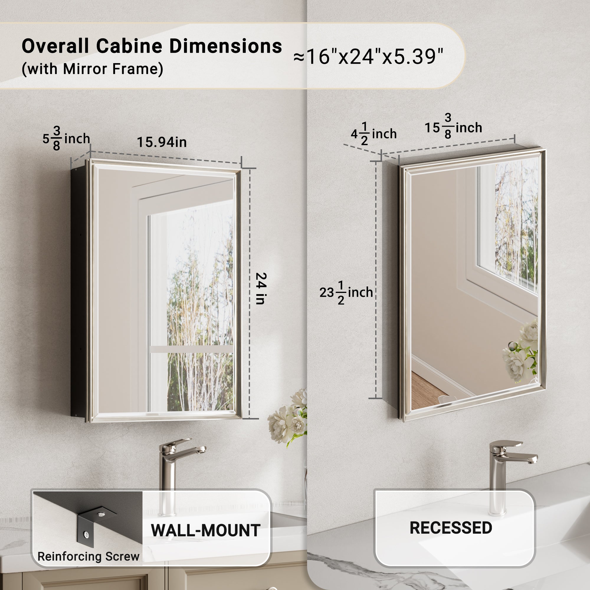 16x24'' Brushed Nickel Framed Beveled Mirror Medicine Cabinet with Adjustable Glass Shelving