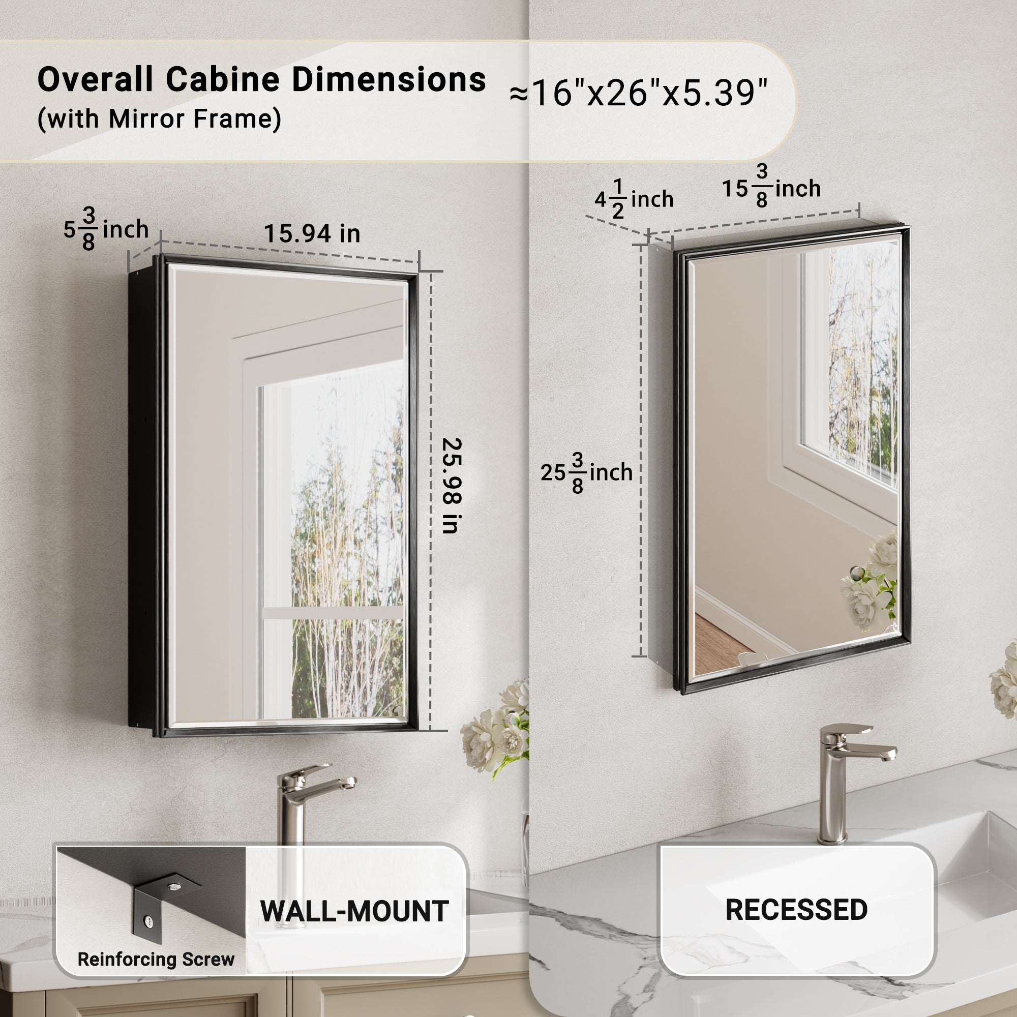 16x26'' Matte Black Framed Beveled Mirror Medicine Cabinet with Adjustable Glass Shelving