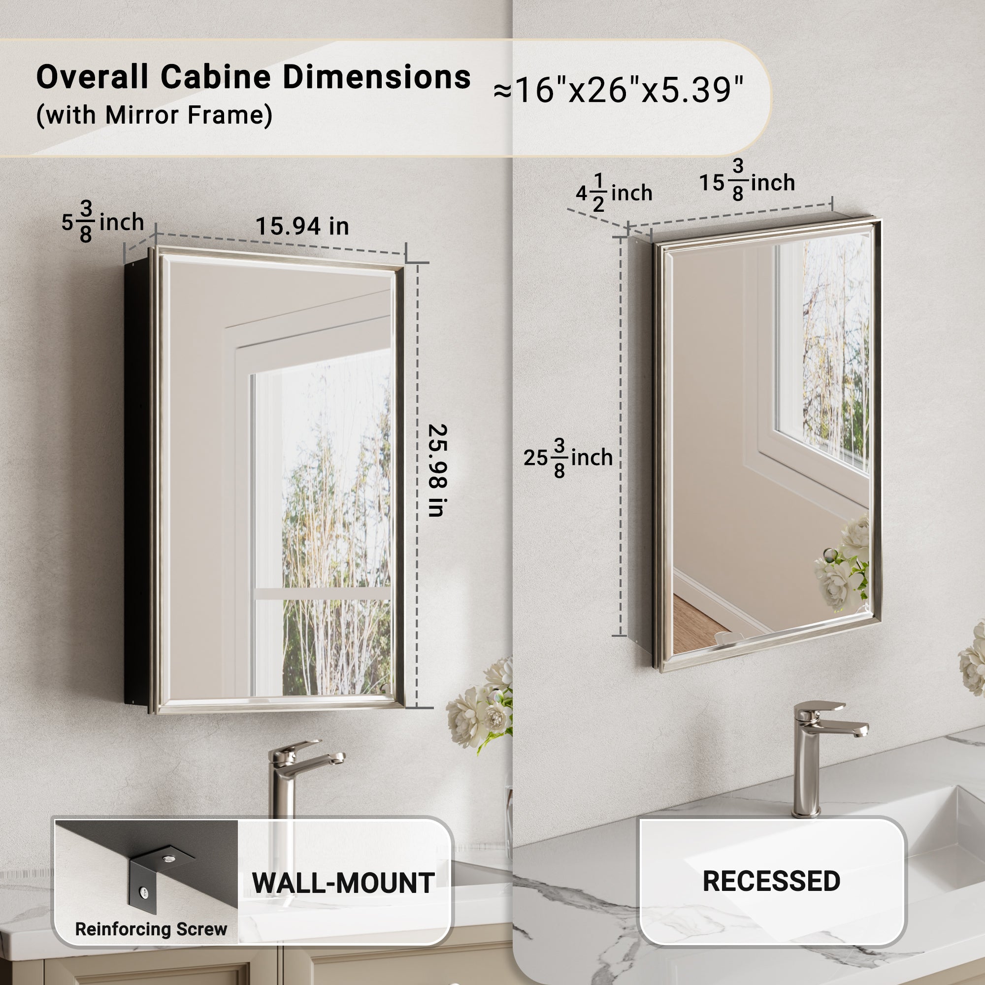 16x26'' Brushed Nickel Framed Beveled Mirror Medicine Cabinet with Adjustable Glass Shelving