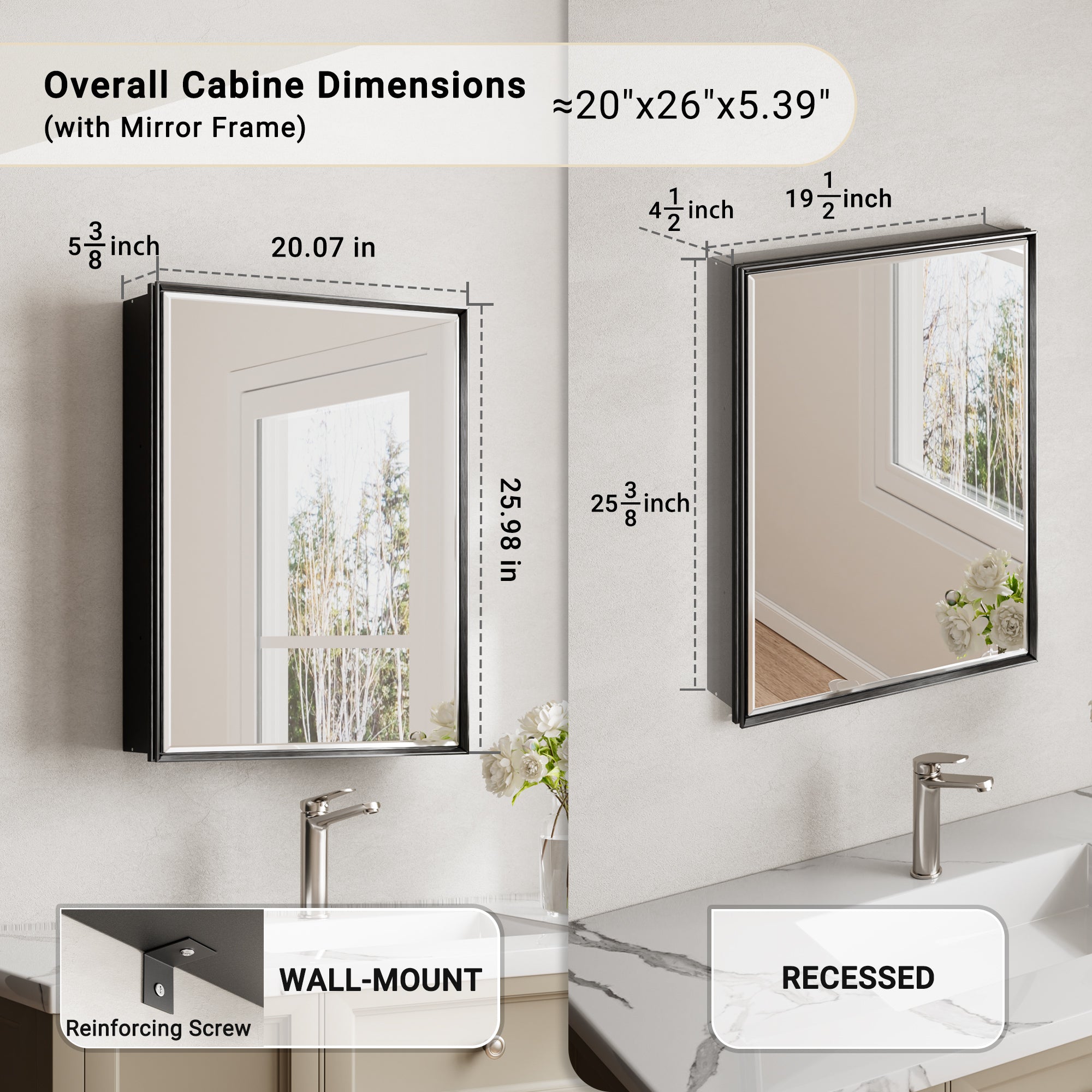 20x26'' Matte Black Framed Beveled Mirror Medicine Cabinet with Adjustable Glass Shelving