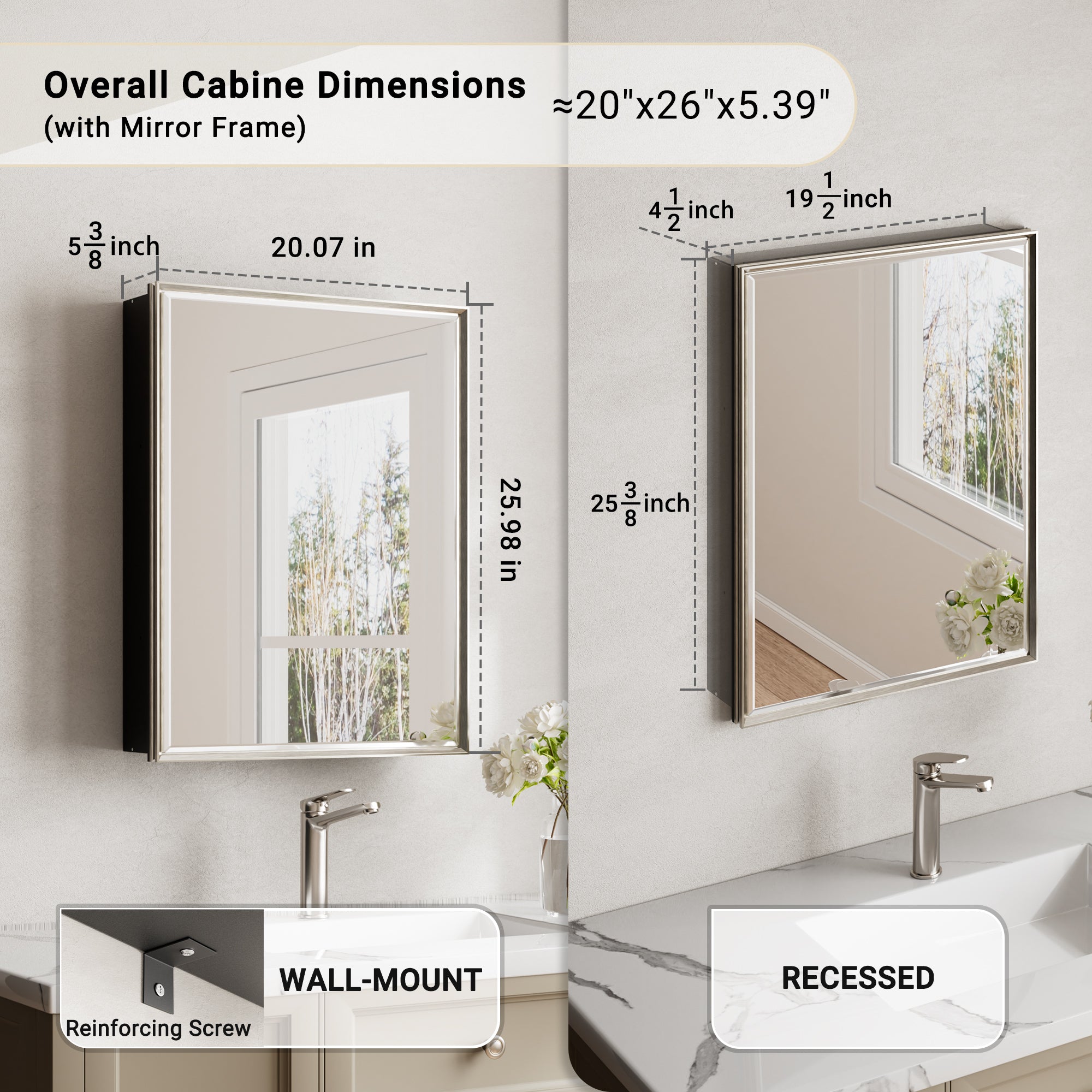 20x26'' Brushed Nickel Framed Beveled Mirror Medicine Cabinet with Adjustable Glass Shelving