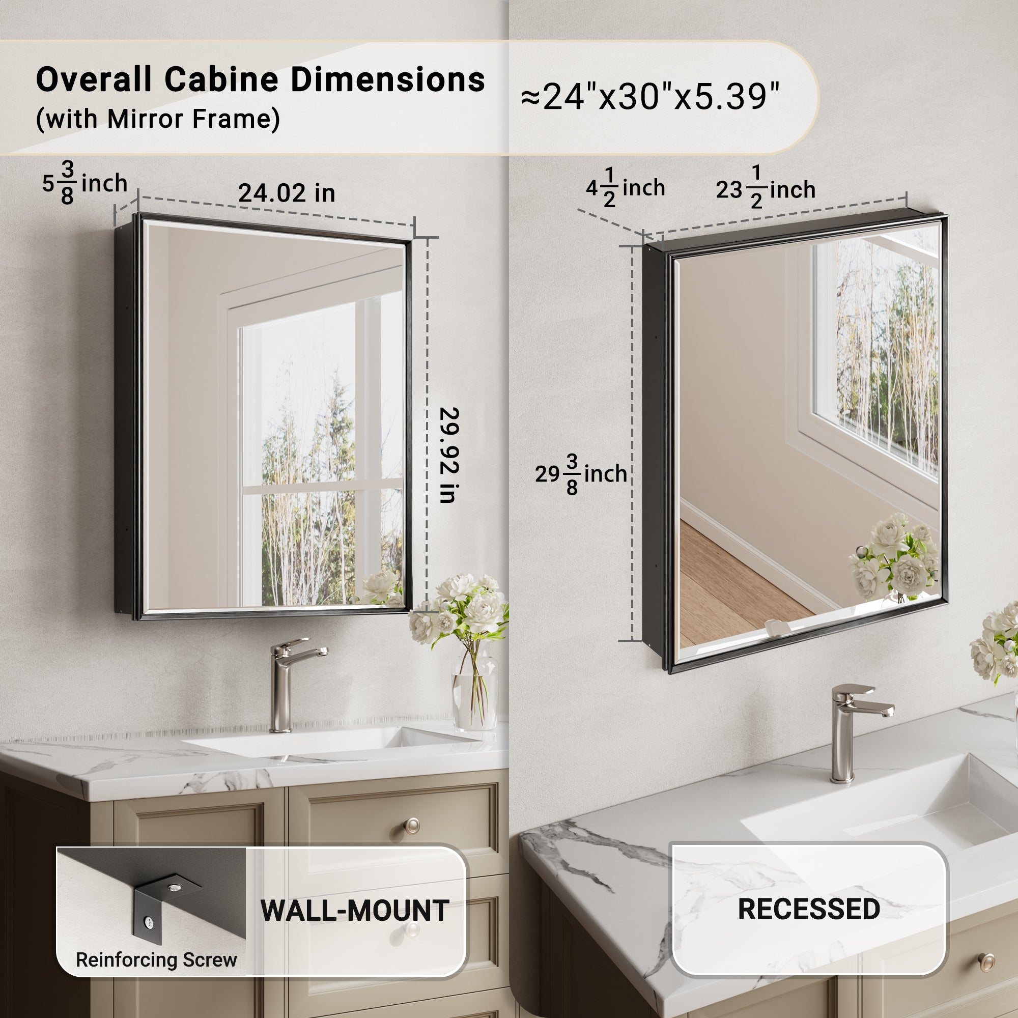 24x30'' Matte Black Framed Beveled Mirror Medicine Cabinet with Adjustable Glass Shelving