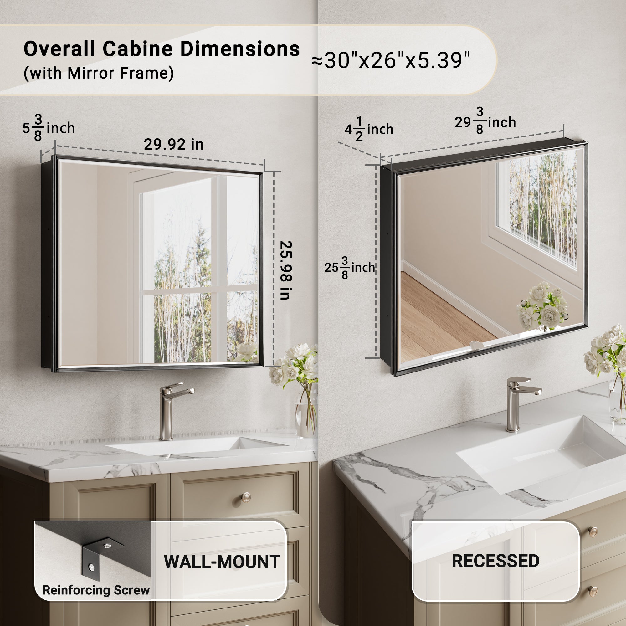 30x26'' Matte Black Framed Beveled Mirror Medicine Cabinet with Adjustable Glass Shelving