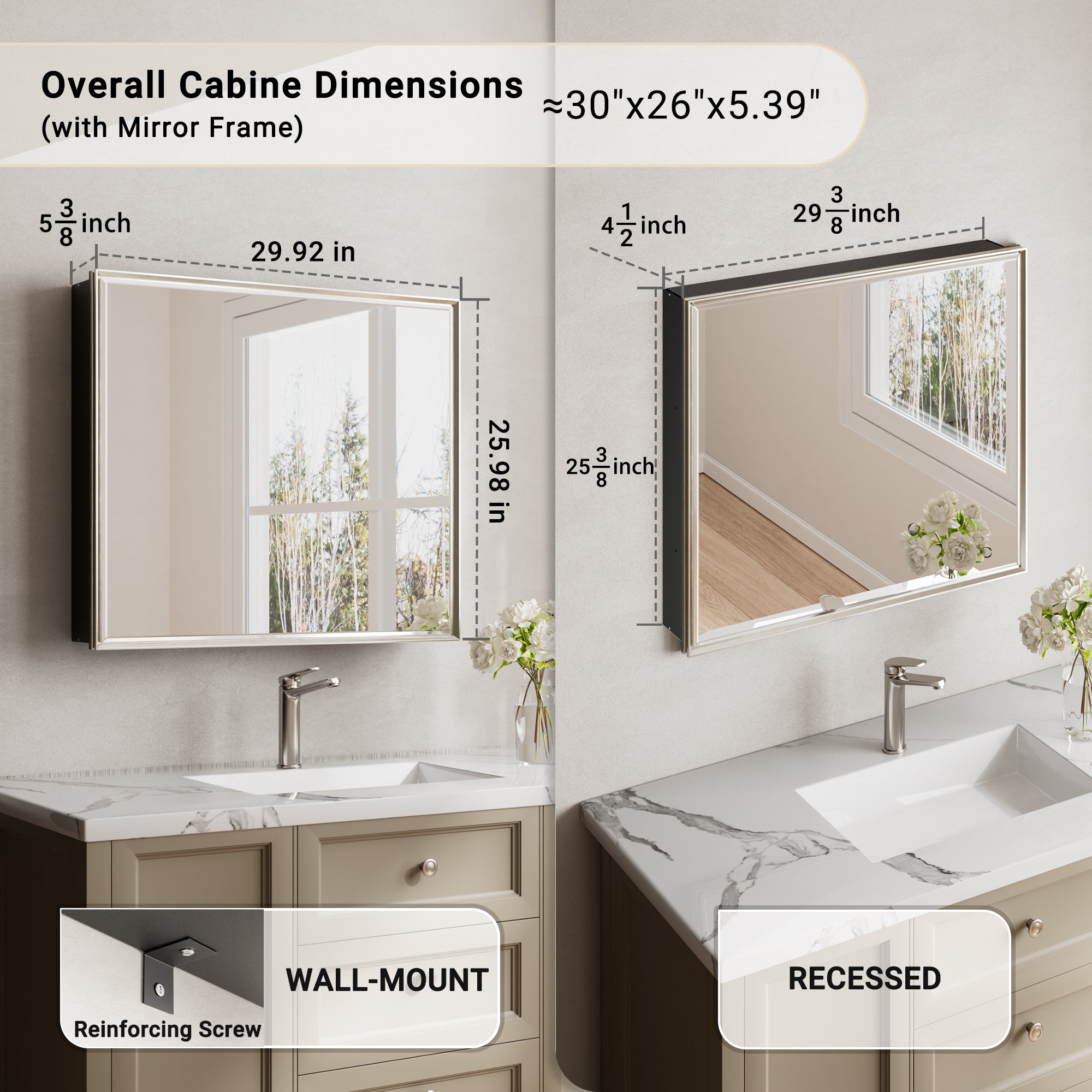 30x26'' Brushed Nickel Framed Beveled Mirror Medicine Cabinet with Adjustable Glass Shelving