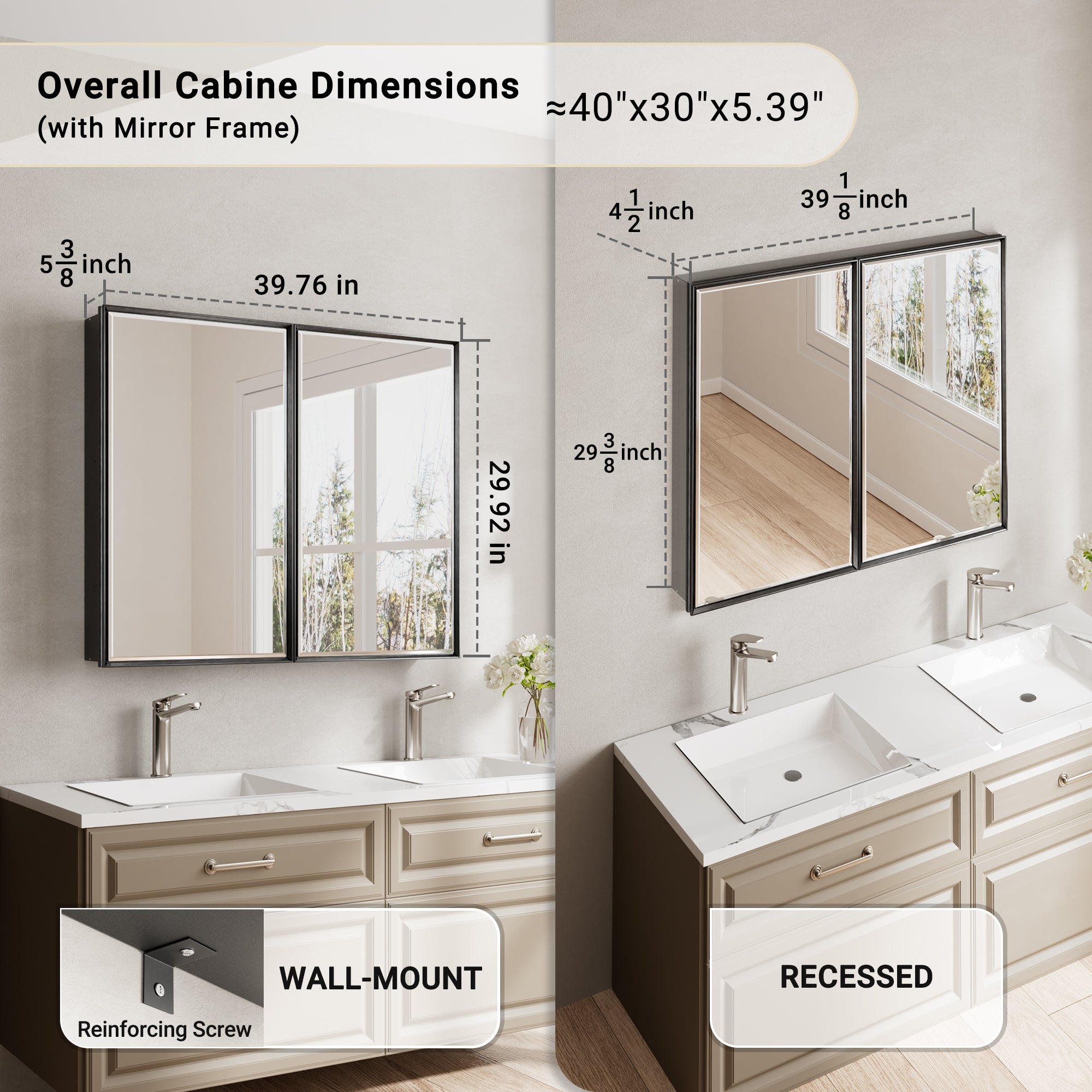 40x30'' Matte Black Framed Beveled Mirror Medicine Cabinet with Adjustable Glass Shelving