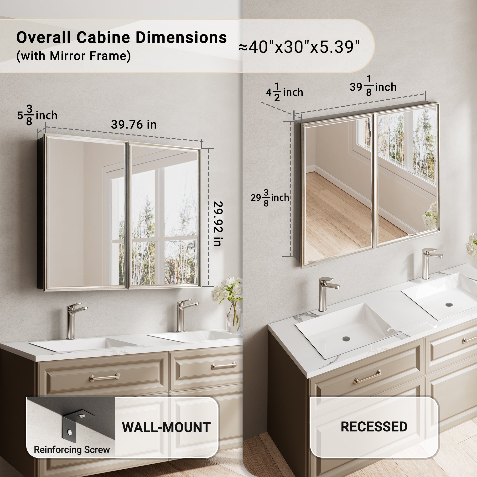 40x30'' Brushed Nickel Framed Beveled Mirror Medicine Cabinet with Adjustable Glass Shelving