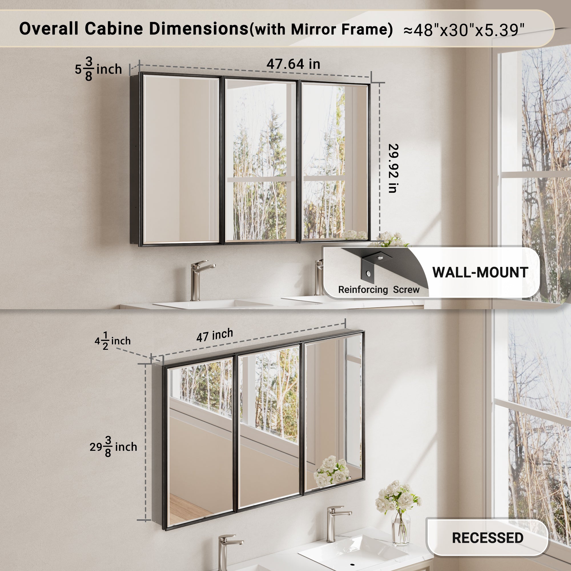 48x30'' Matte Black Framed Beveled Mirror Medicine Cabinet with Adjustable Glass Shelving