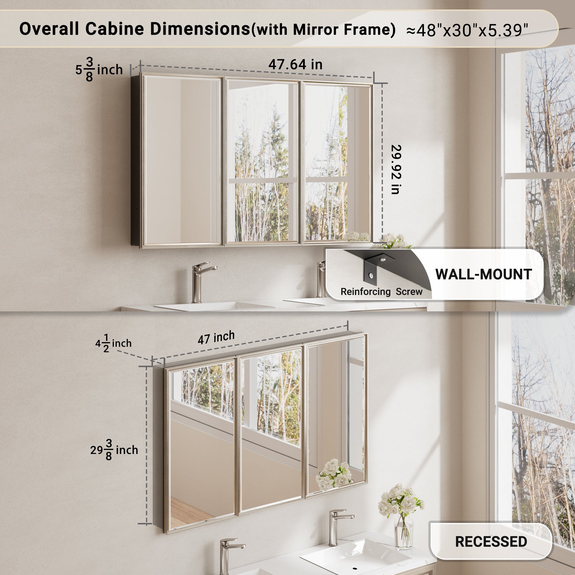 48x30'' Brushed Nickel Framed Beveled Mirror Medicine Cabinet with Adjustable Glass Shelving