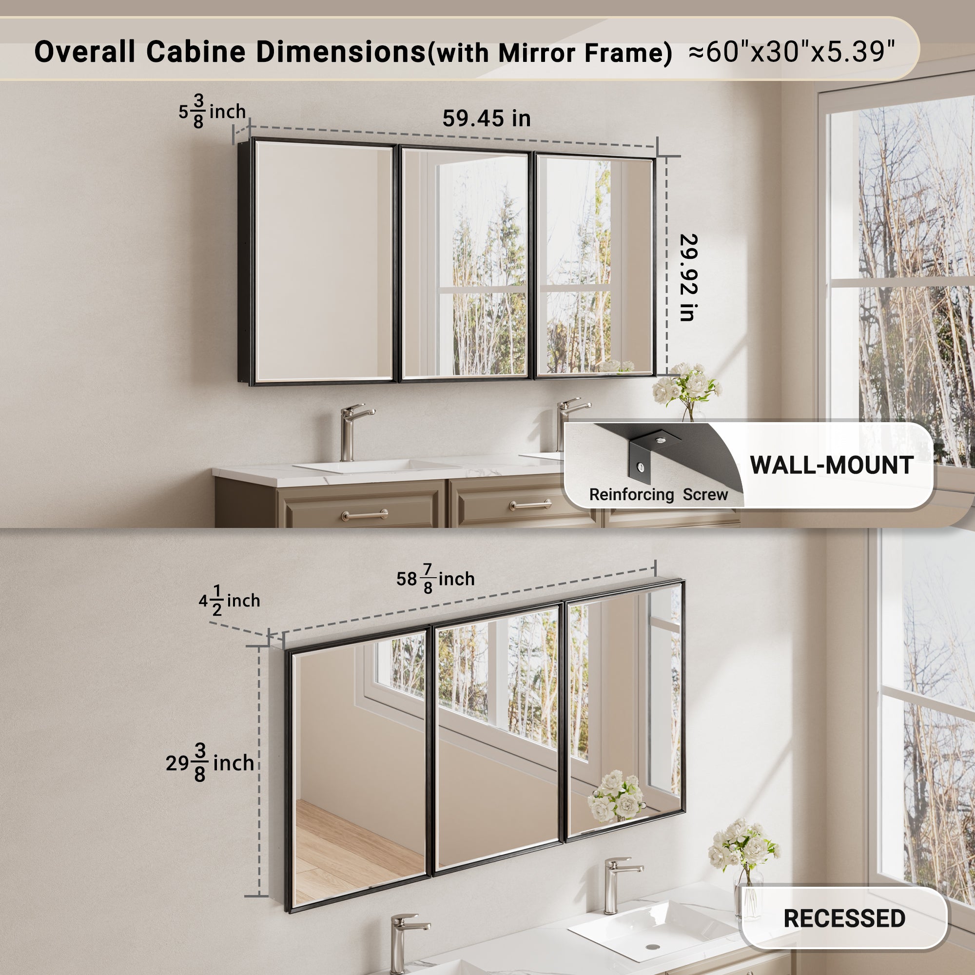 60x30'' Matte Black Framed Beveled Mirror Medicine Cabinet with Adjustable Glass Shelving