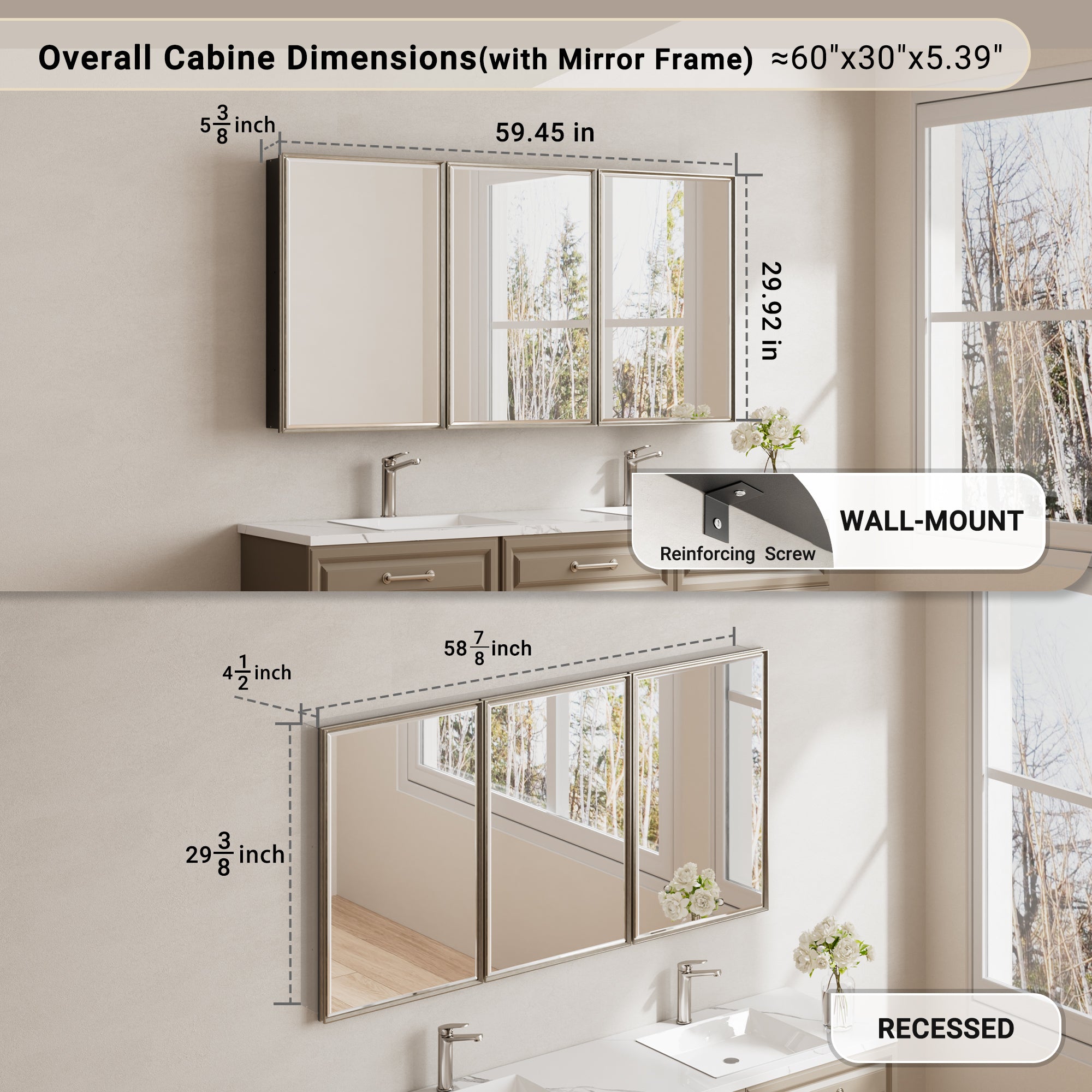 60x30'' Brushed Nickel Framed Beveled Mirror Medicine Cabinet with Adjustable Glass Shelving