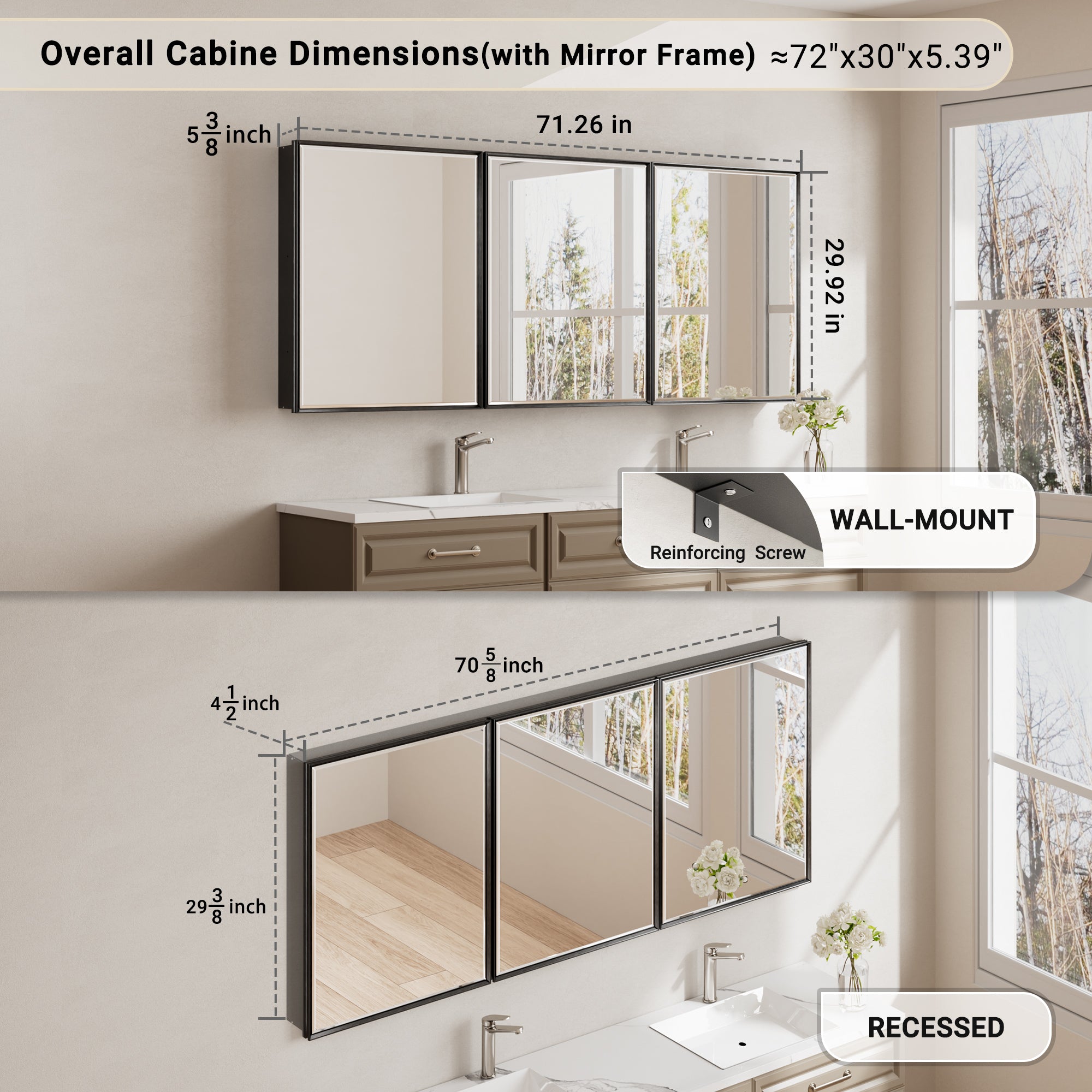 72x30'' Matte Black Framed Beveled Mirror Medicine Cabinet with Adjustable Glass Shelving