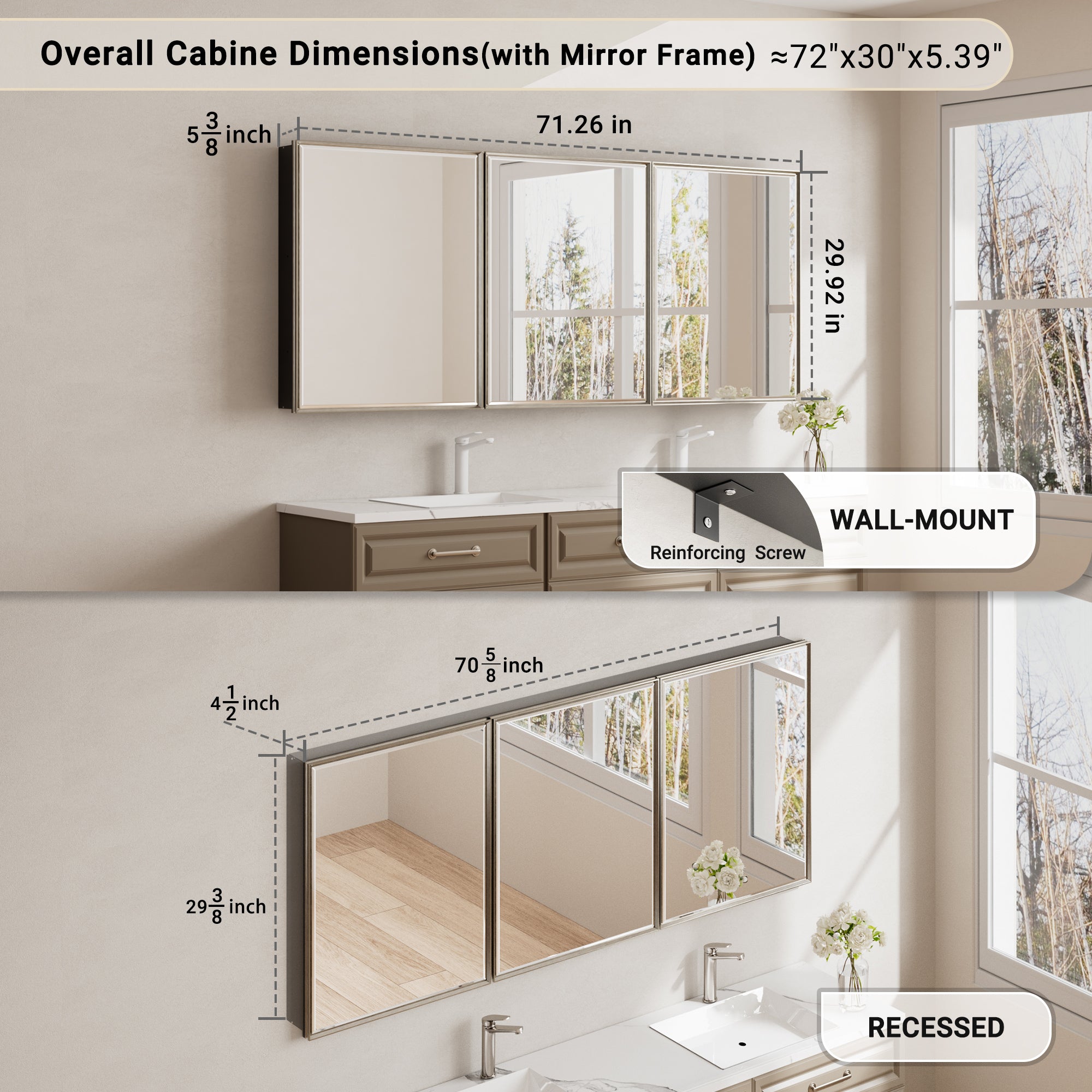 72x30'' Brushed Nickel Framed Beveled Mirror Medicine Cabinet with Adjustable Glass Shelving