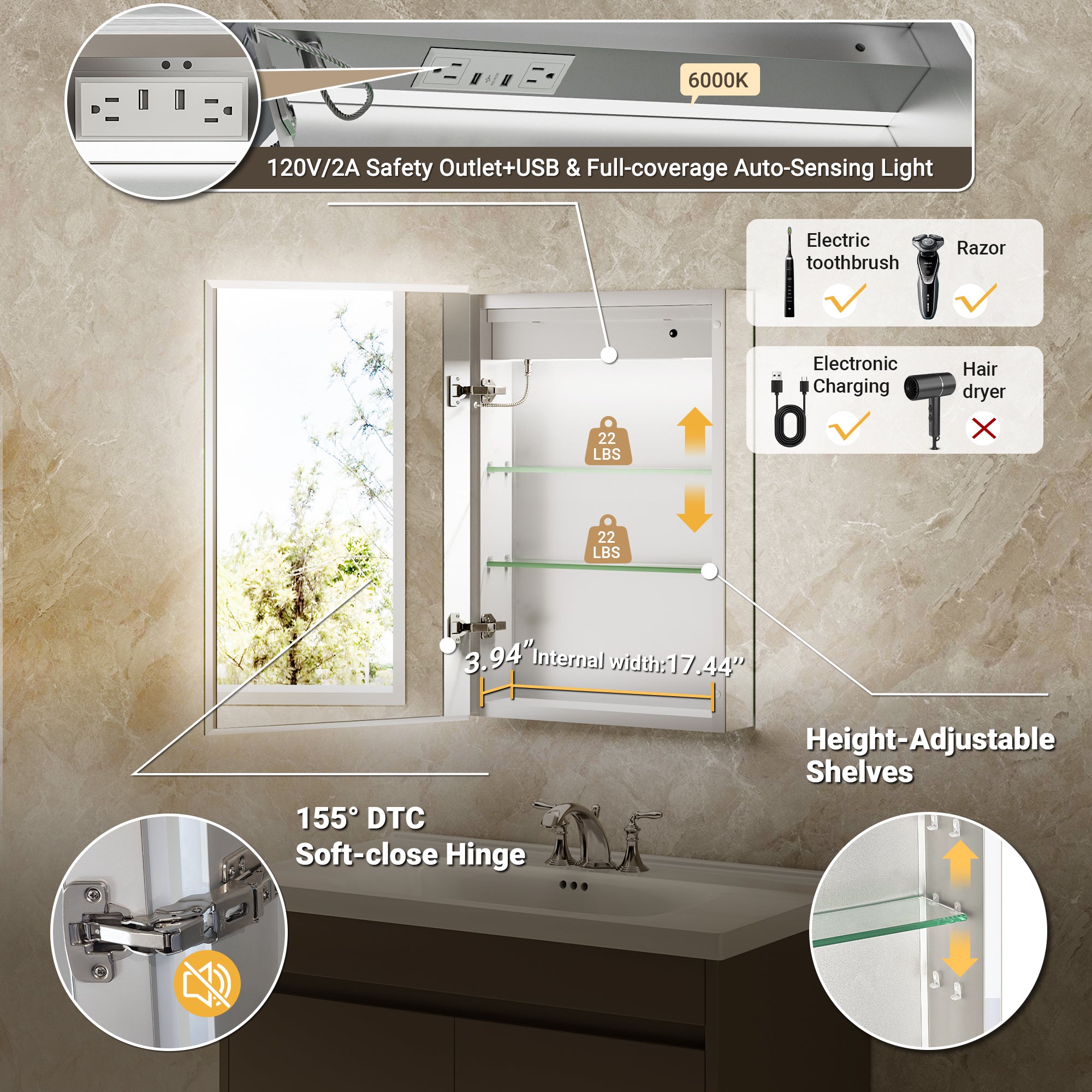 LumiGlow 20x26'' Dual-Sided LED Medicine Cabinet Mirror – Left Hinge