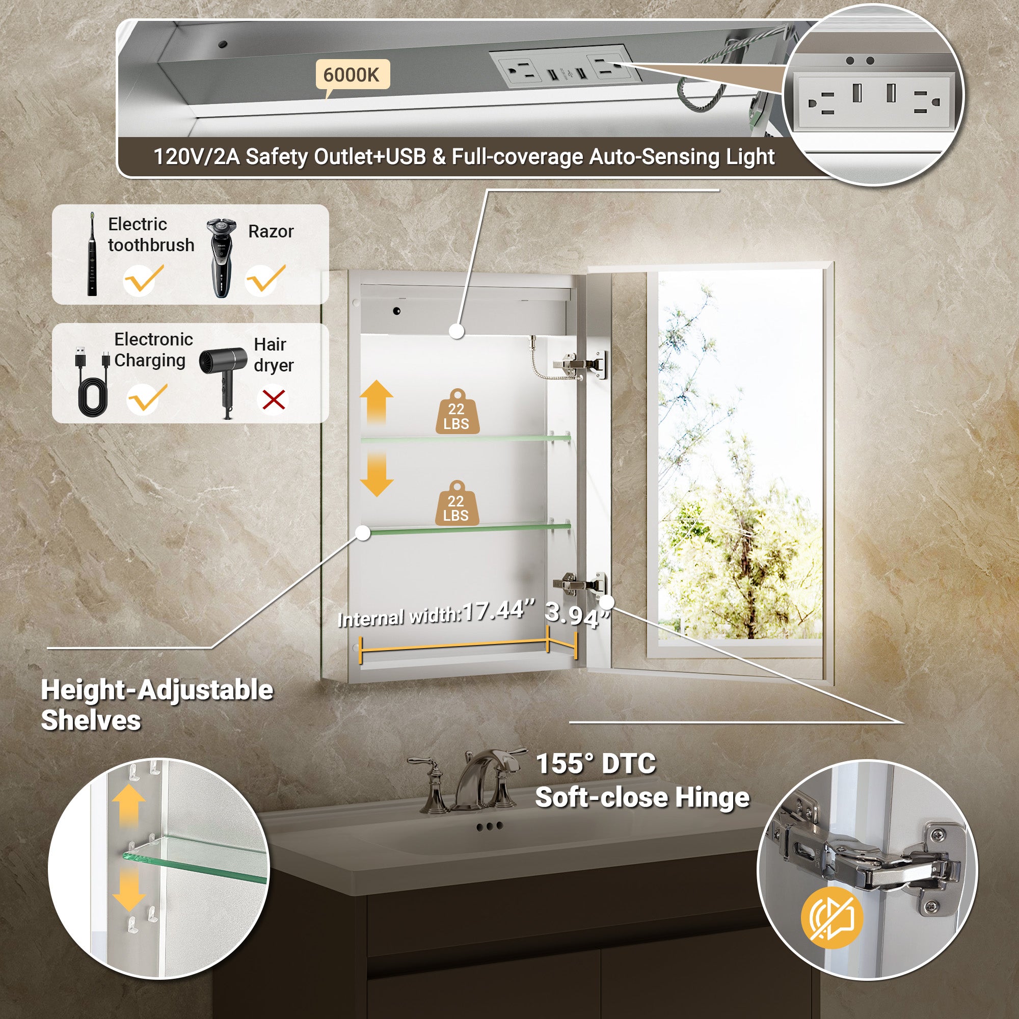 LumiGlow 20x26'' Front & Backlit Lighted Lighted Medicine Cabinet Mirror – Right Hinge