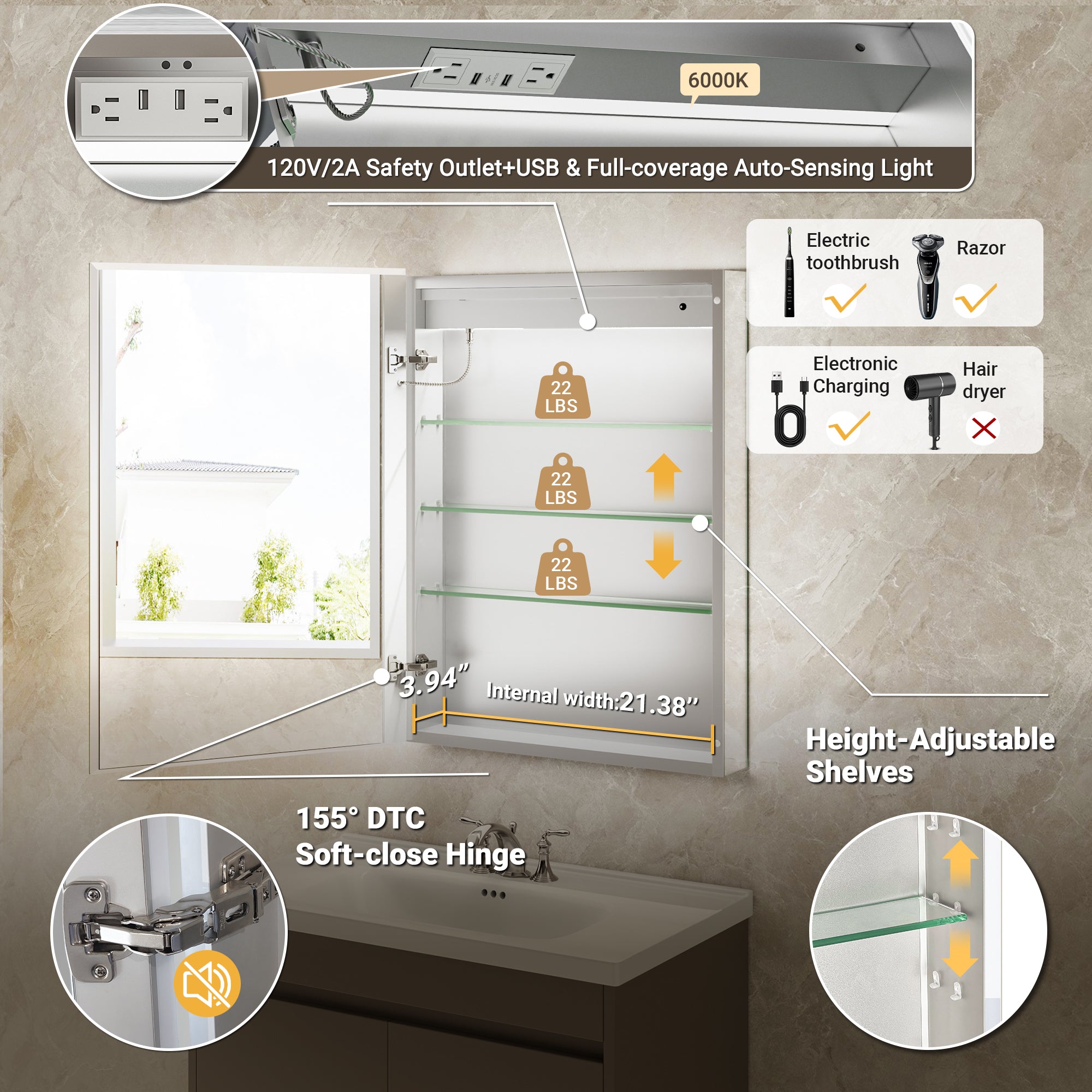 LumiGlow 24x32'' Dual-Sided LED Medicine Cabinet Mirror – Left Hinge