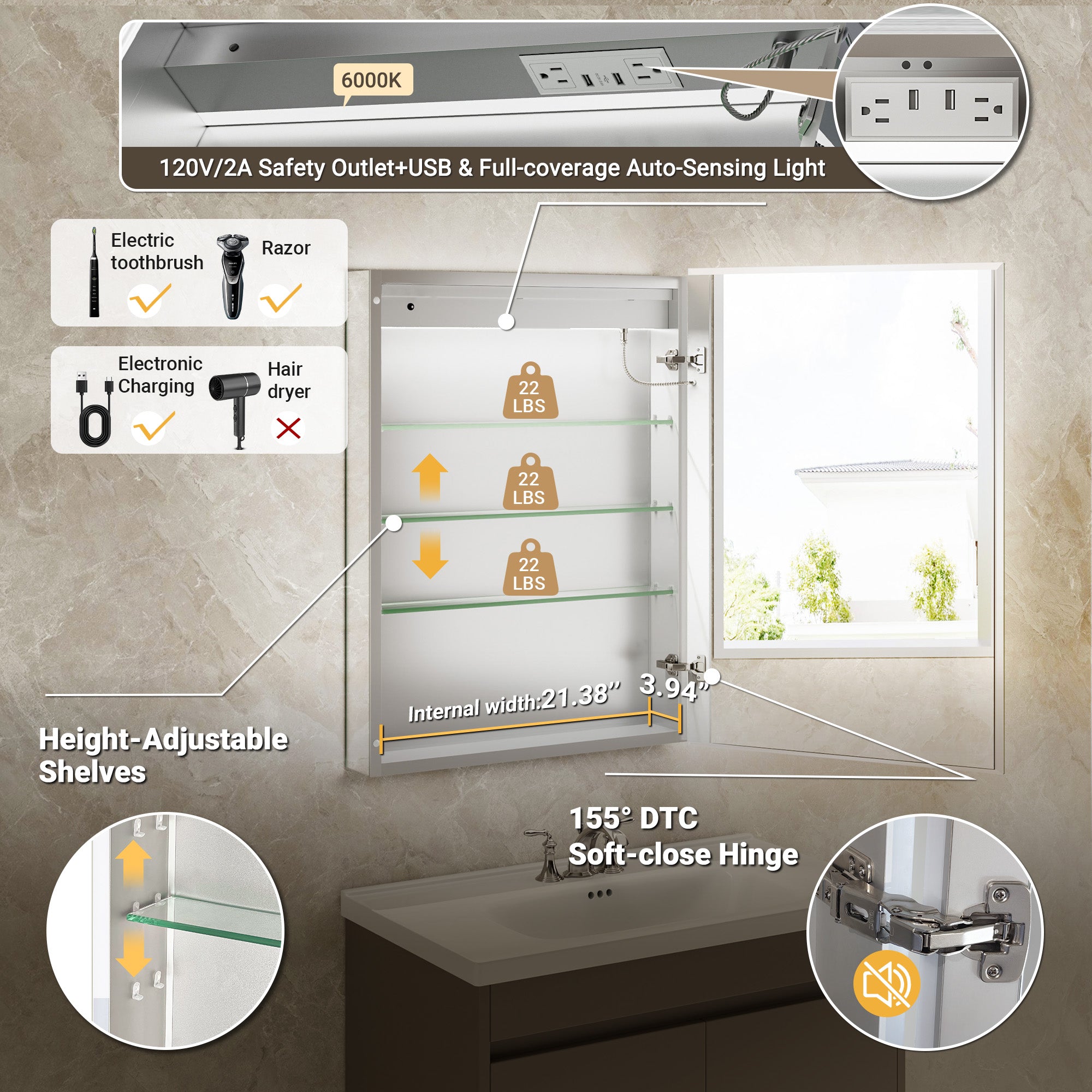 LumiGlow 24x32'' Dual-Sided LED Medicine Cabinet Mirror – Right Hinge