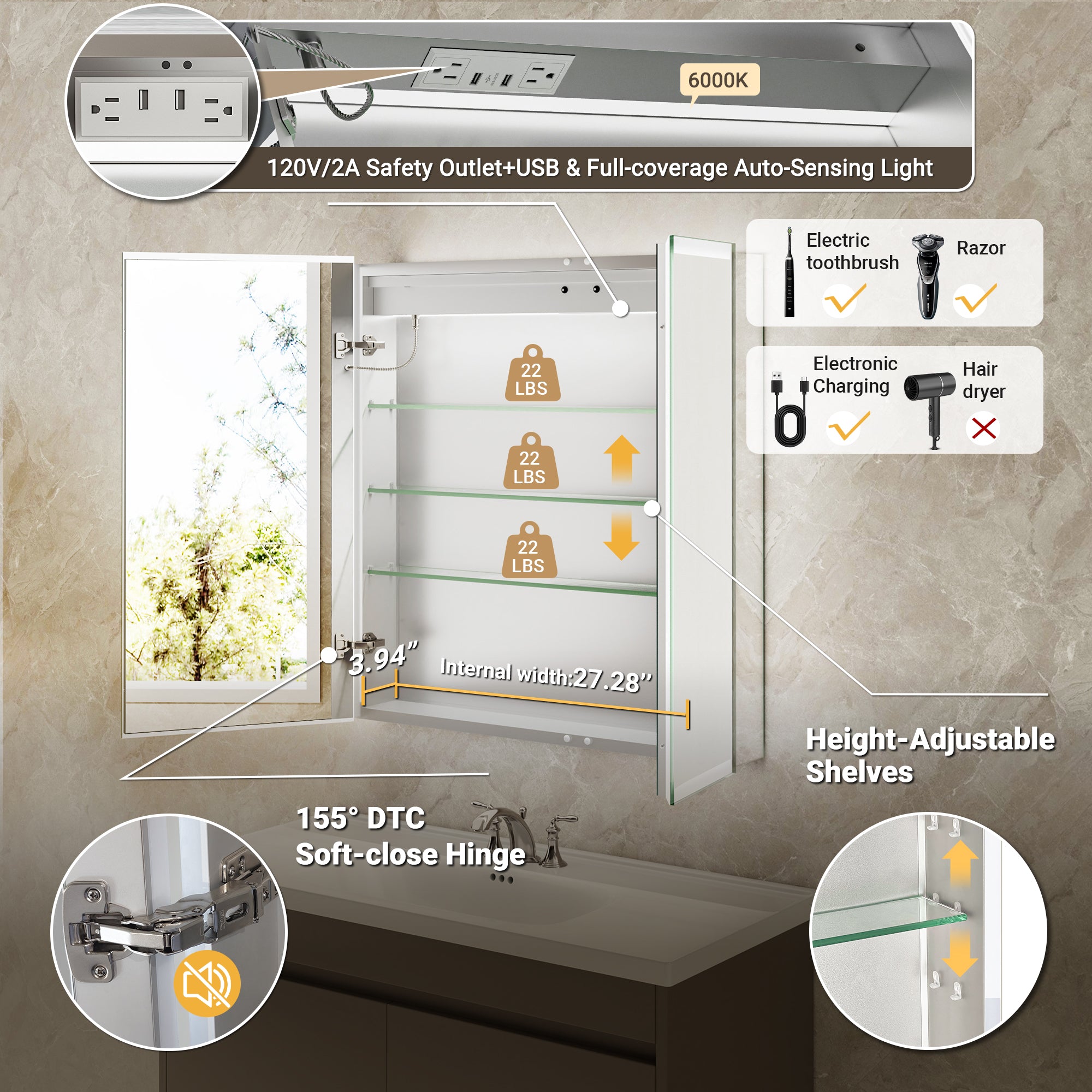 LumiGlow 30x32'' Front & Backlit Lighted LED Medicine Cabinet Mirror