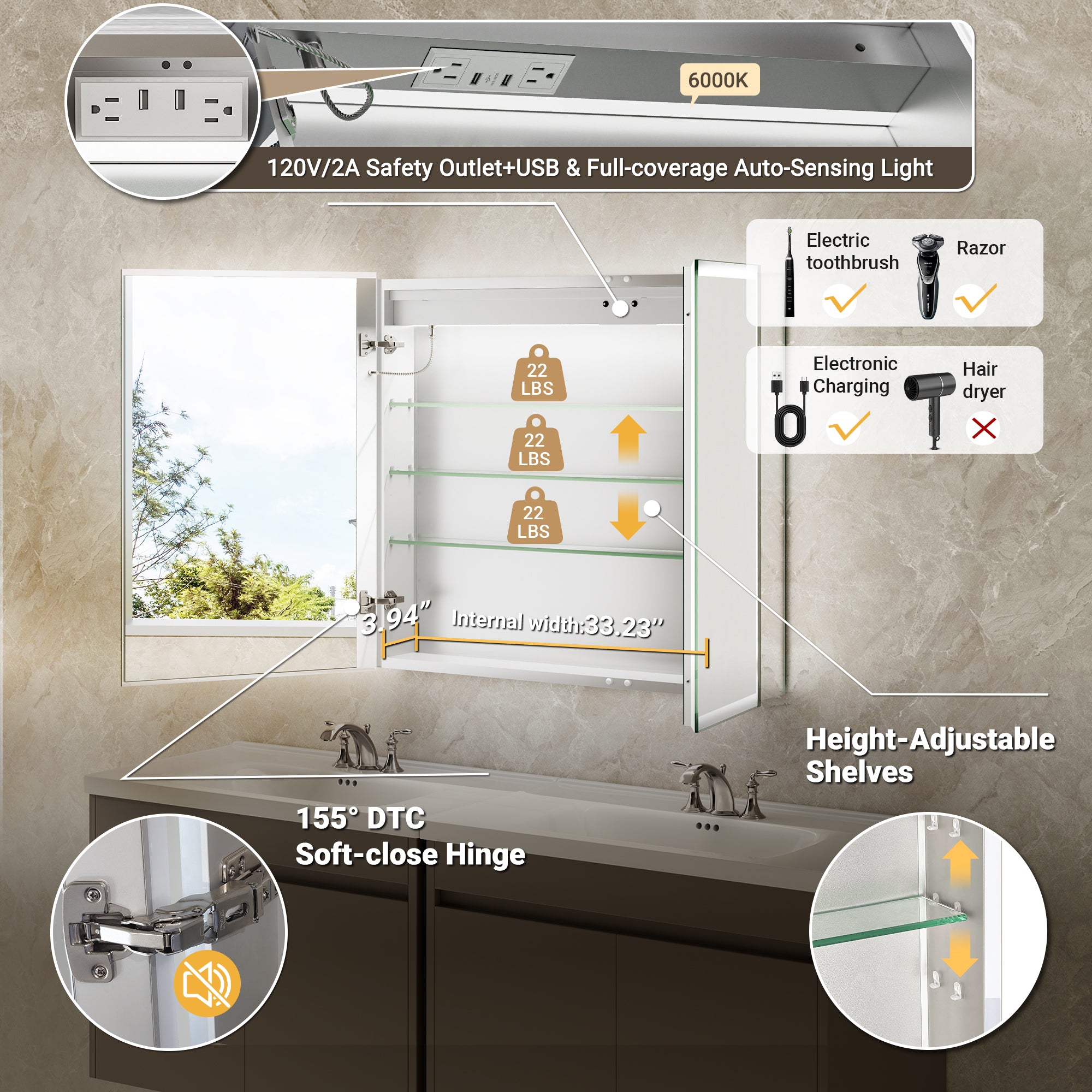 LumiGlow 36x30'' Front & Backlit Lighted LED Medicine Cabinet Mirror