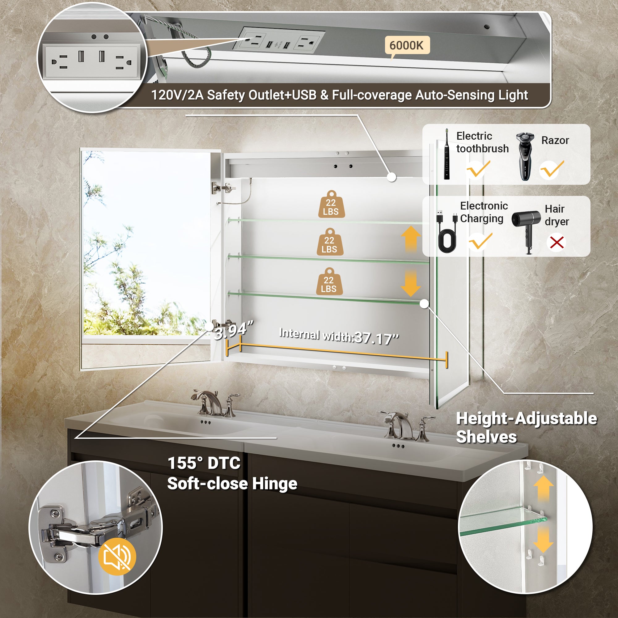 LumiGlow 40x30'' Front & Backlit Lighted LED Medicine Cabinet Mirror