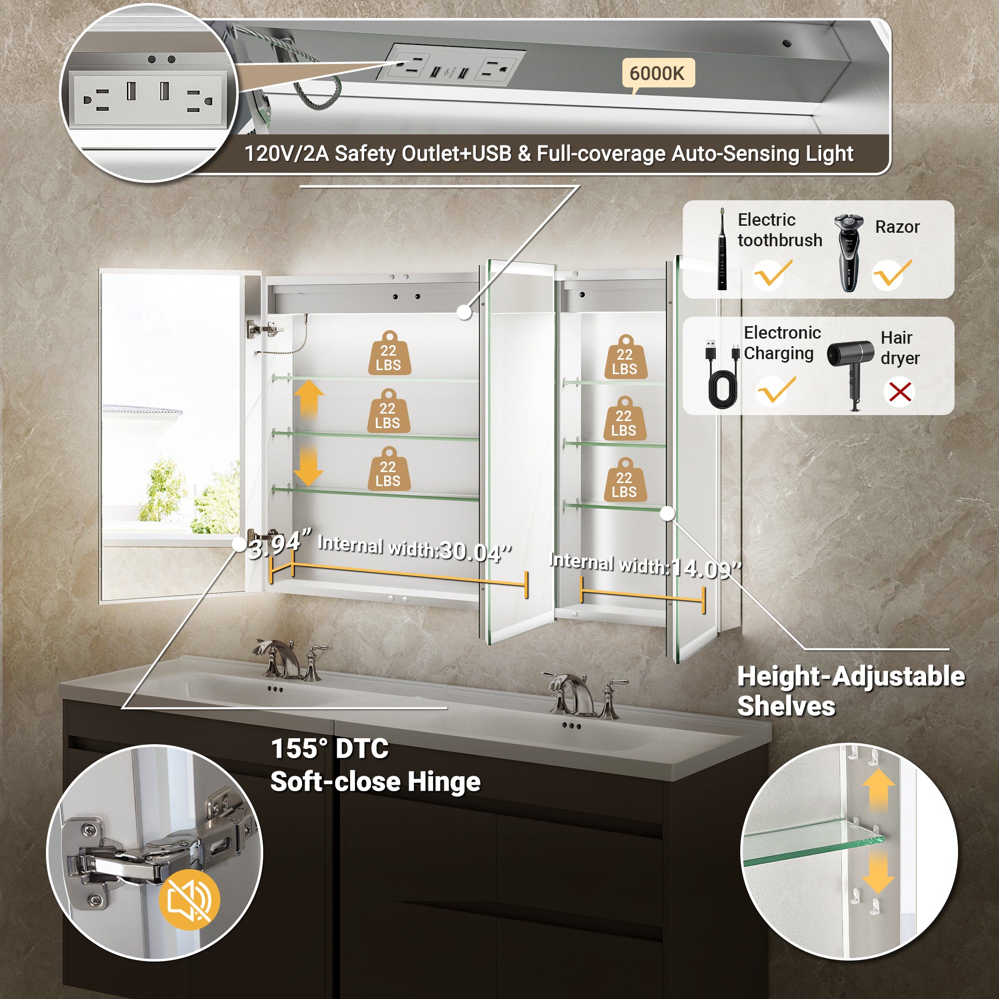 LumiGlow 48x30'' Front & Backlit Lighted LED Medicine Cabinet Mirror