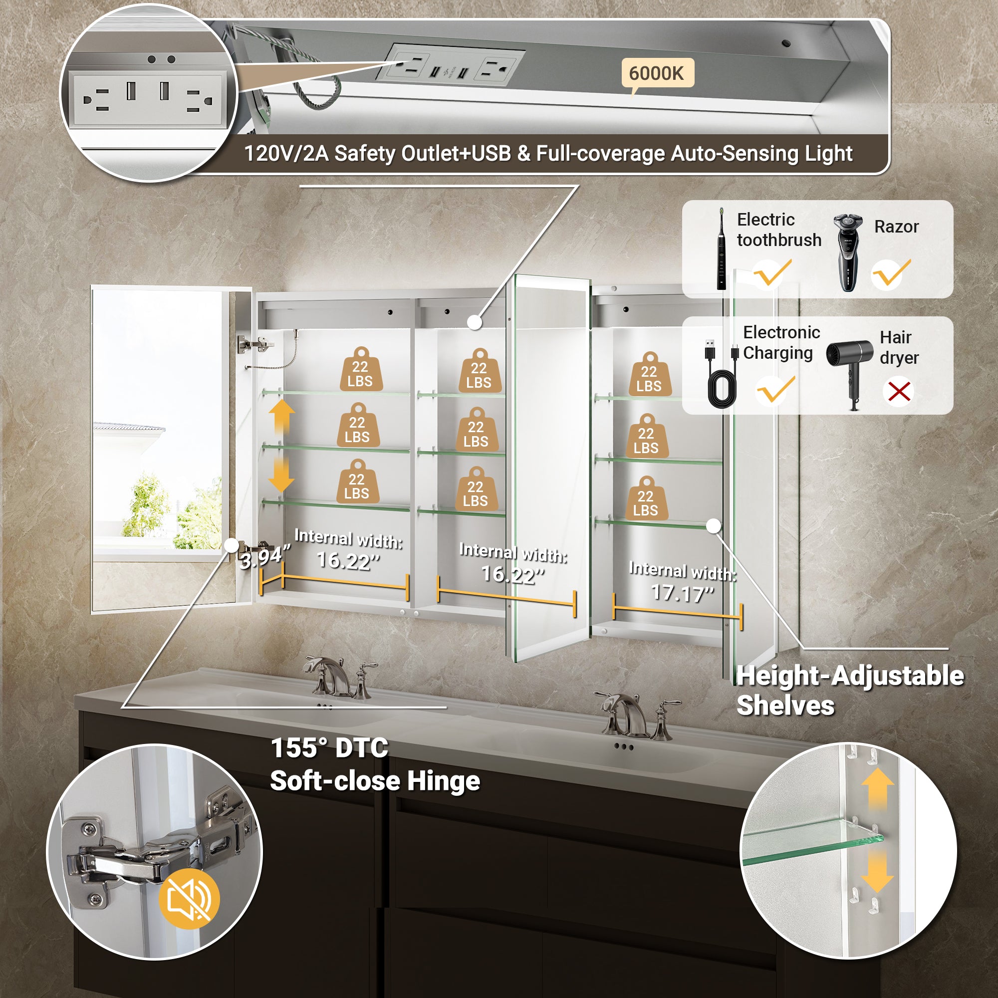 LumiGlow 54x30'' Front & Backlit Lighted LED Medicine Cabinet Mirror