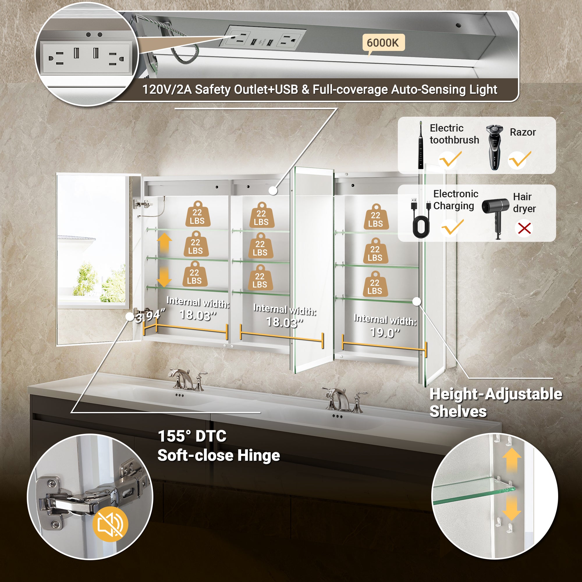 LumiGlow 60x30'' Front & Backlit Lighted LED Medicine Cabinet Mirror