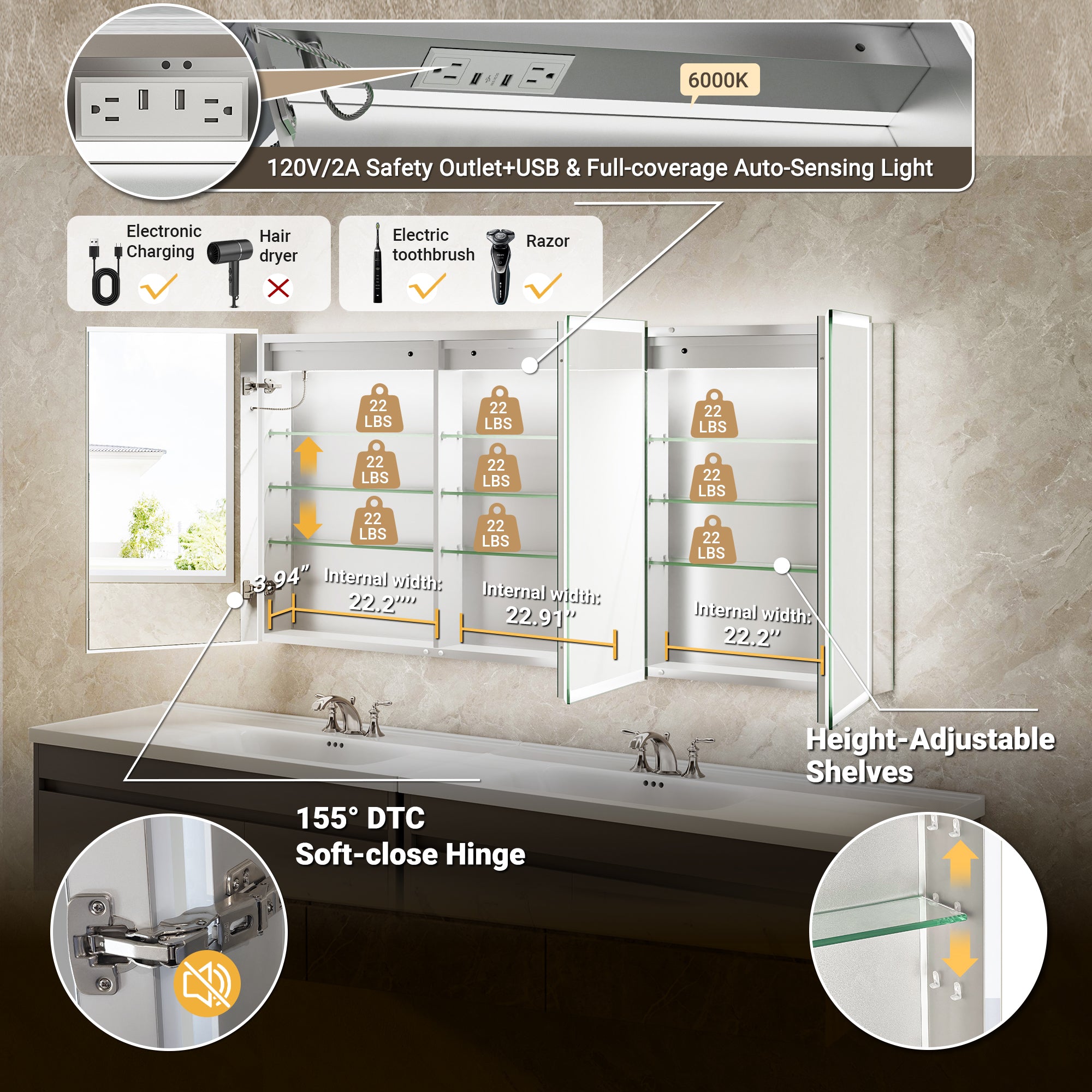 LumiGlow 72x30'' Front & Backlit Lighted LED Medicine Cabinet Mirror