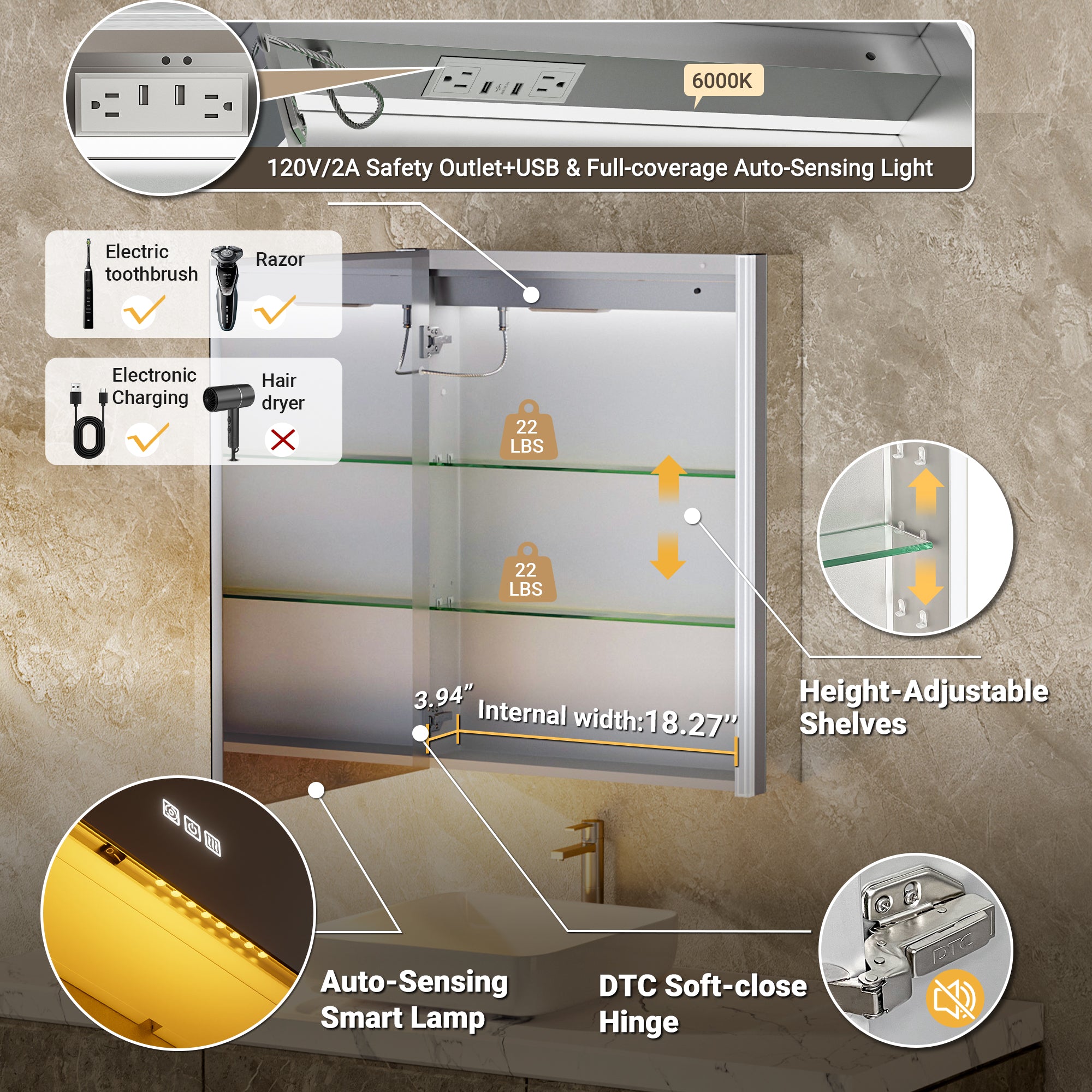 Auralux Core 20x26'' Front-Lit LED Medicine Cabinet Mirror Soft-Close Left Hinge