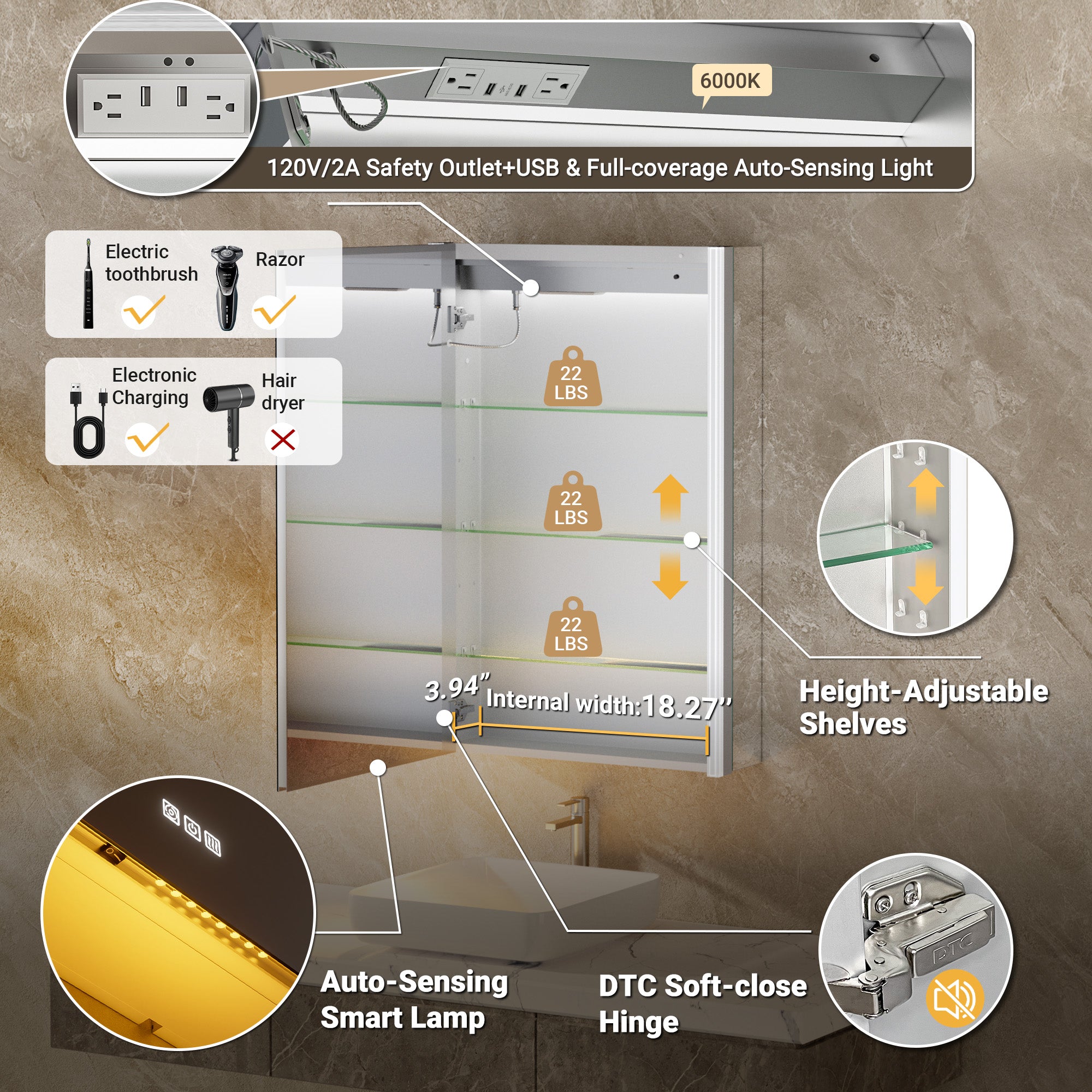 Auralux Core 20x32'' Front-Lit LED Medicine Cabinet Mirror Soft-Close Left Hinge