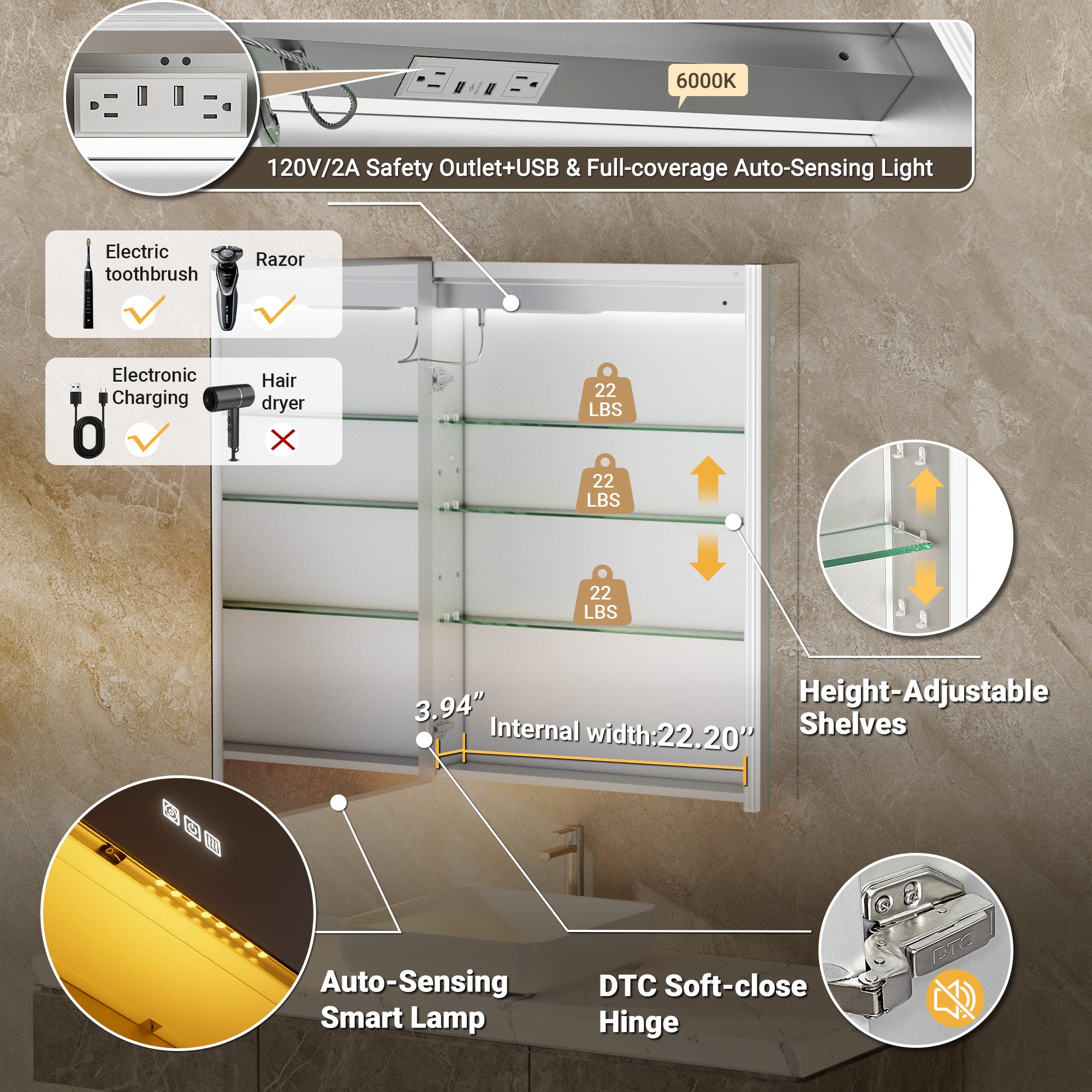 Auralux Core 24x32'' Front-Lit LED Medicine Cabinet Mirror Soft-Close Left Hinge