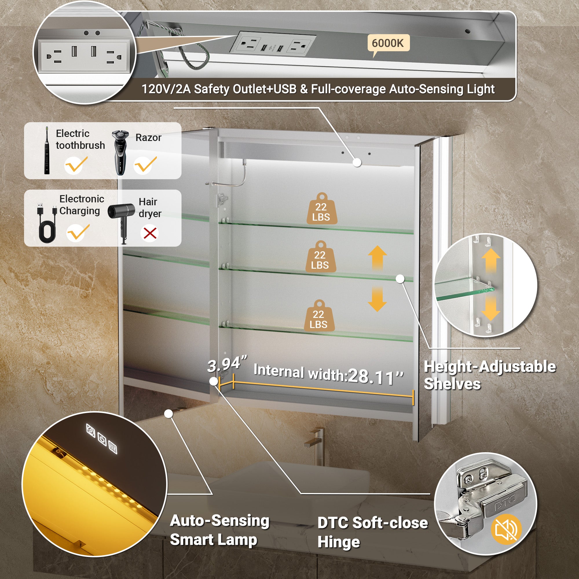 Auralux Core 30x32'' Front-Lit LED Medicine Cabinet Mirror