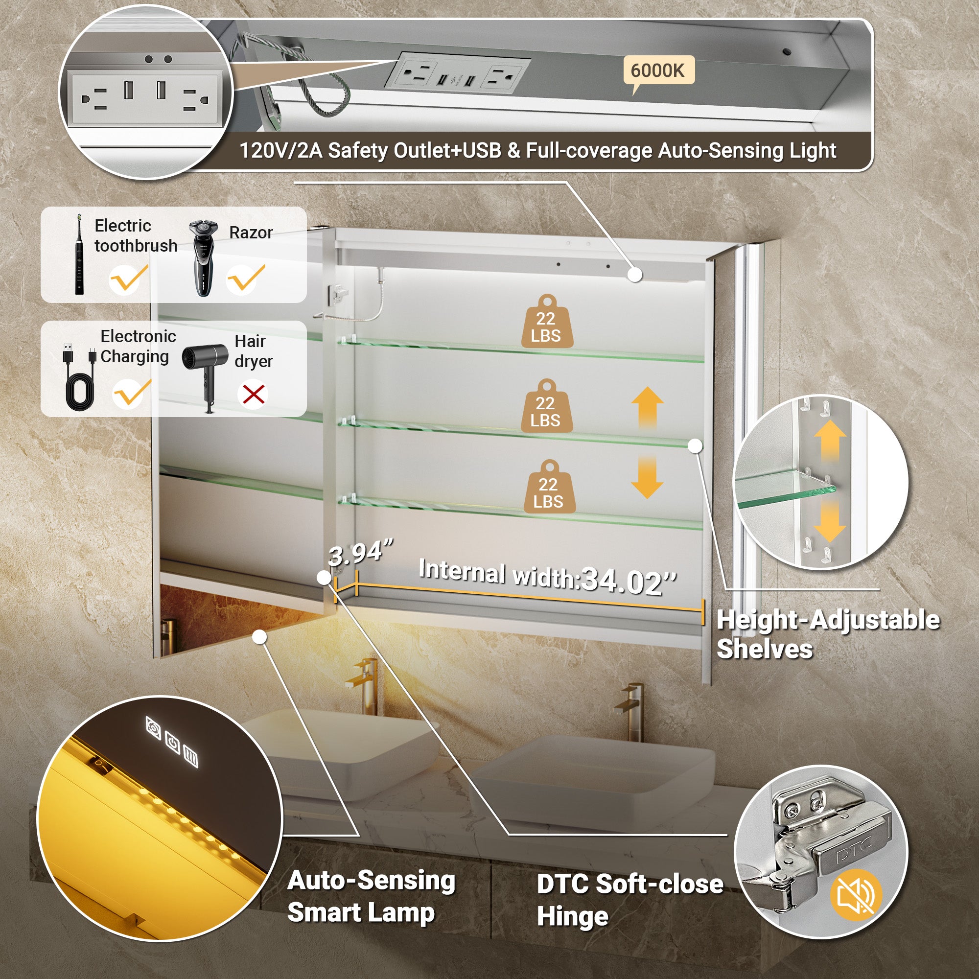 Auralux Core 36x30'' Front-Lit LED Medicine Cabinet Mirror