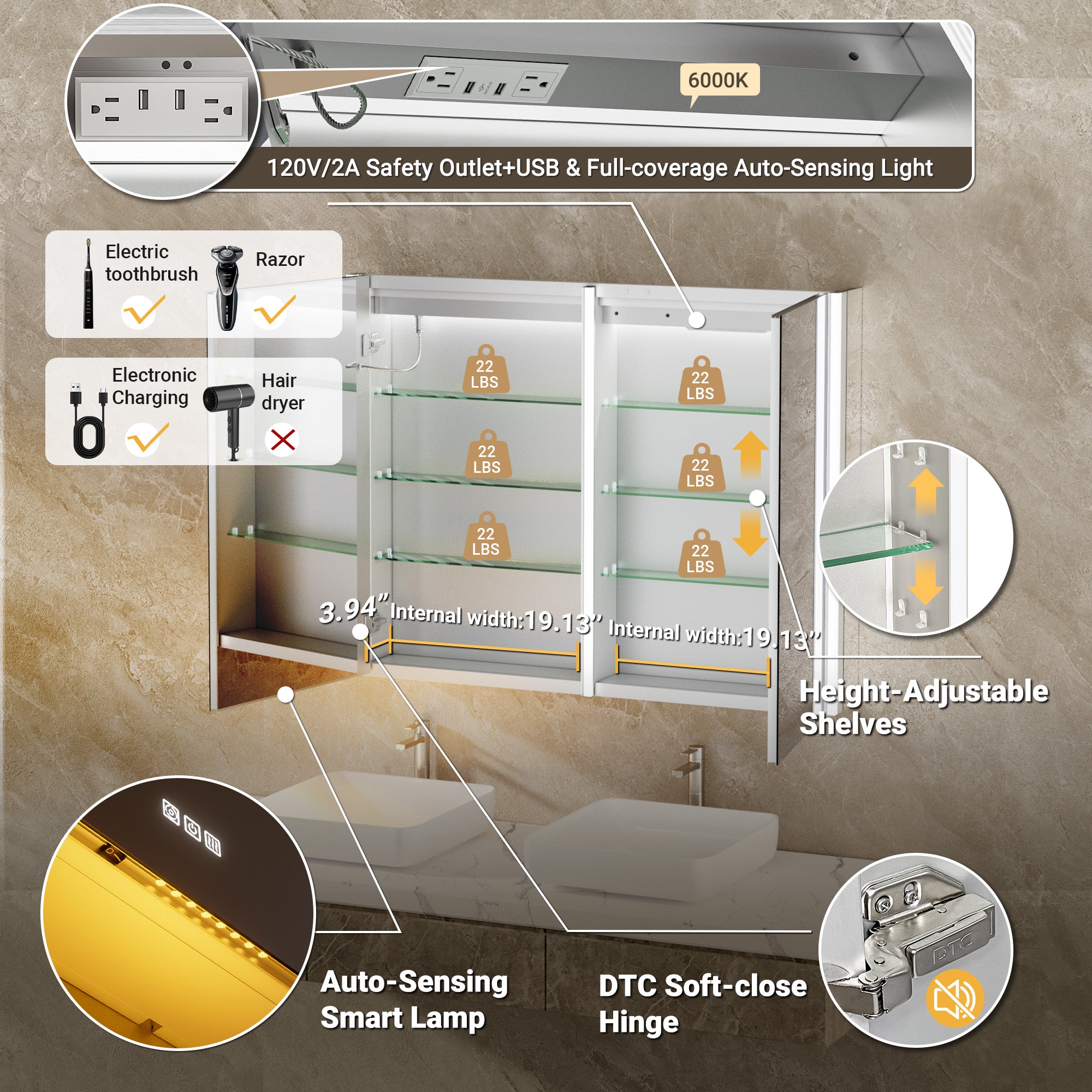 Auralux Core 40x30'' Front-Lit LED Medicine Cabinet Mirror