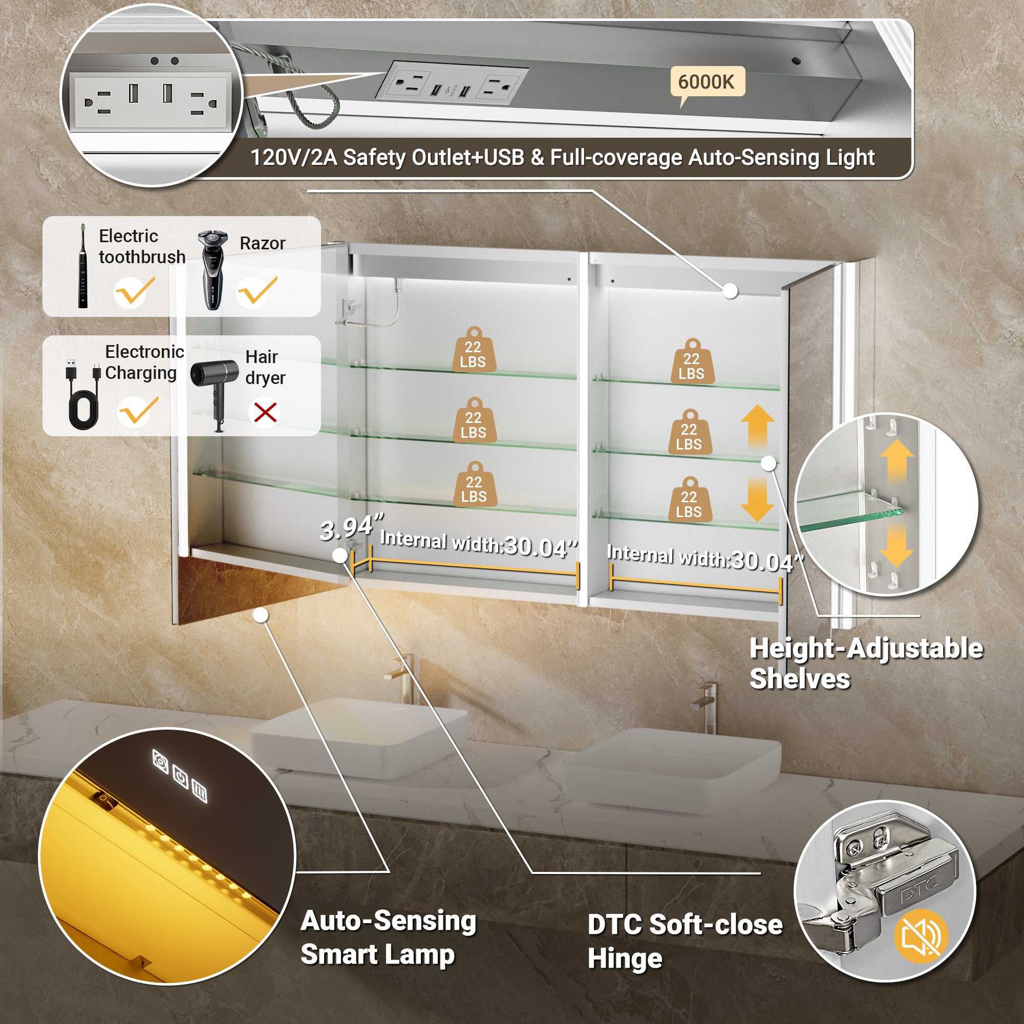 Auralux Core 48x30'' Front-Lit LED Medicine Cabinet Mirror