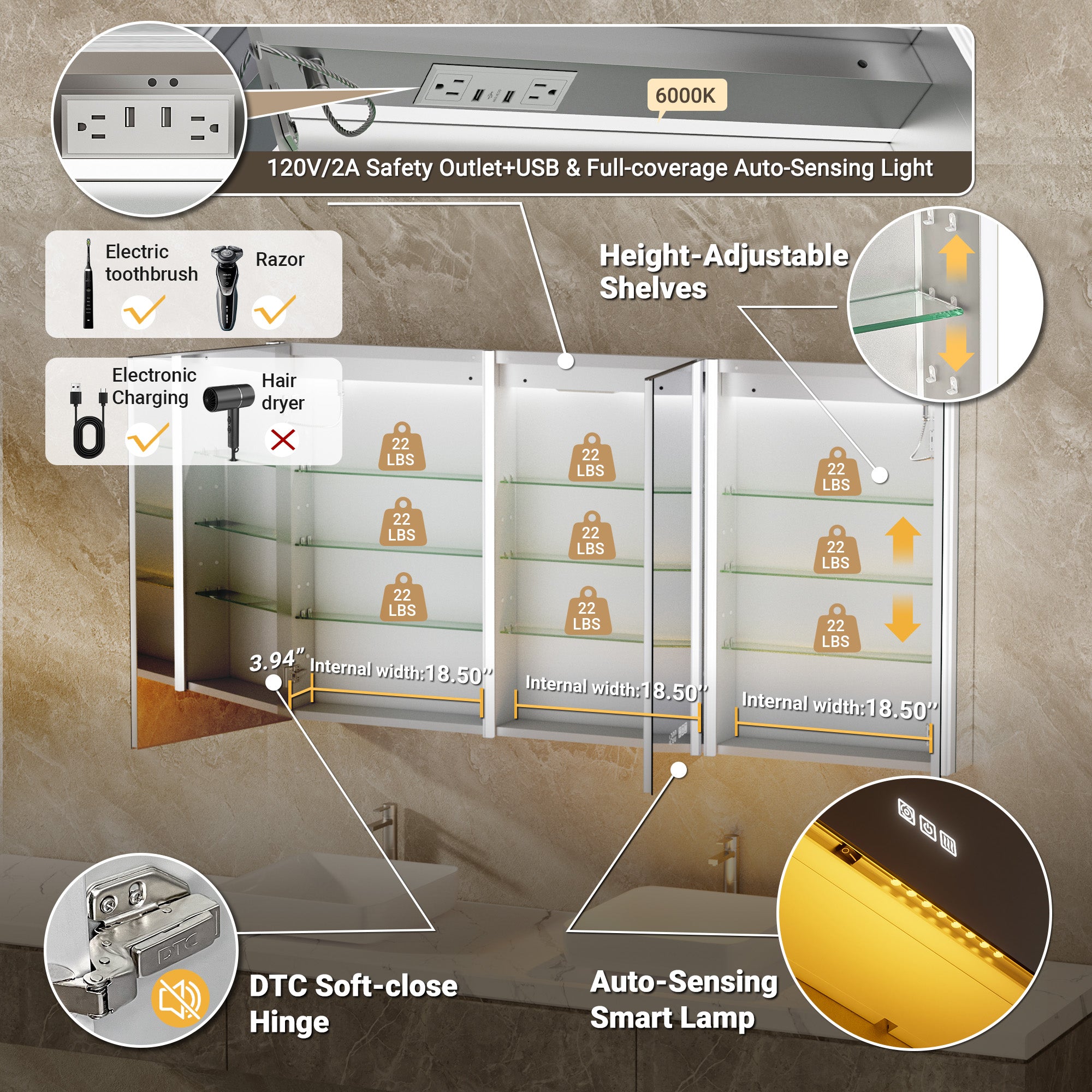 Auralux Core 60x30'' Front-Lit LED Medicine Cabinet Mirror