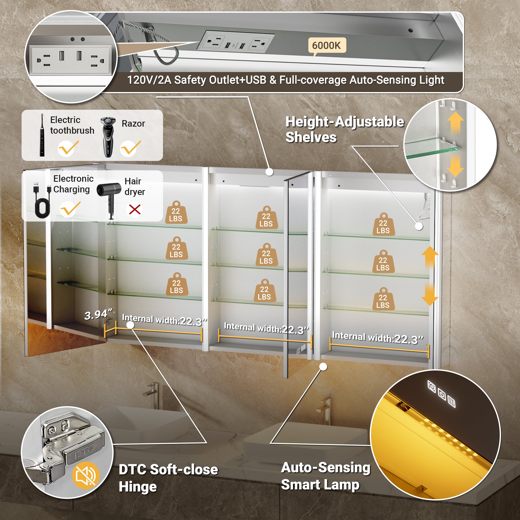 Auralux Core 72x30'' Front-Lit LED Medicine Cabinet Mirror