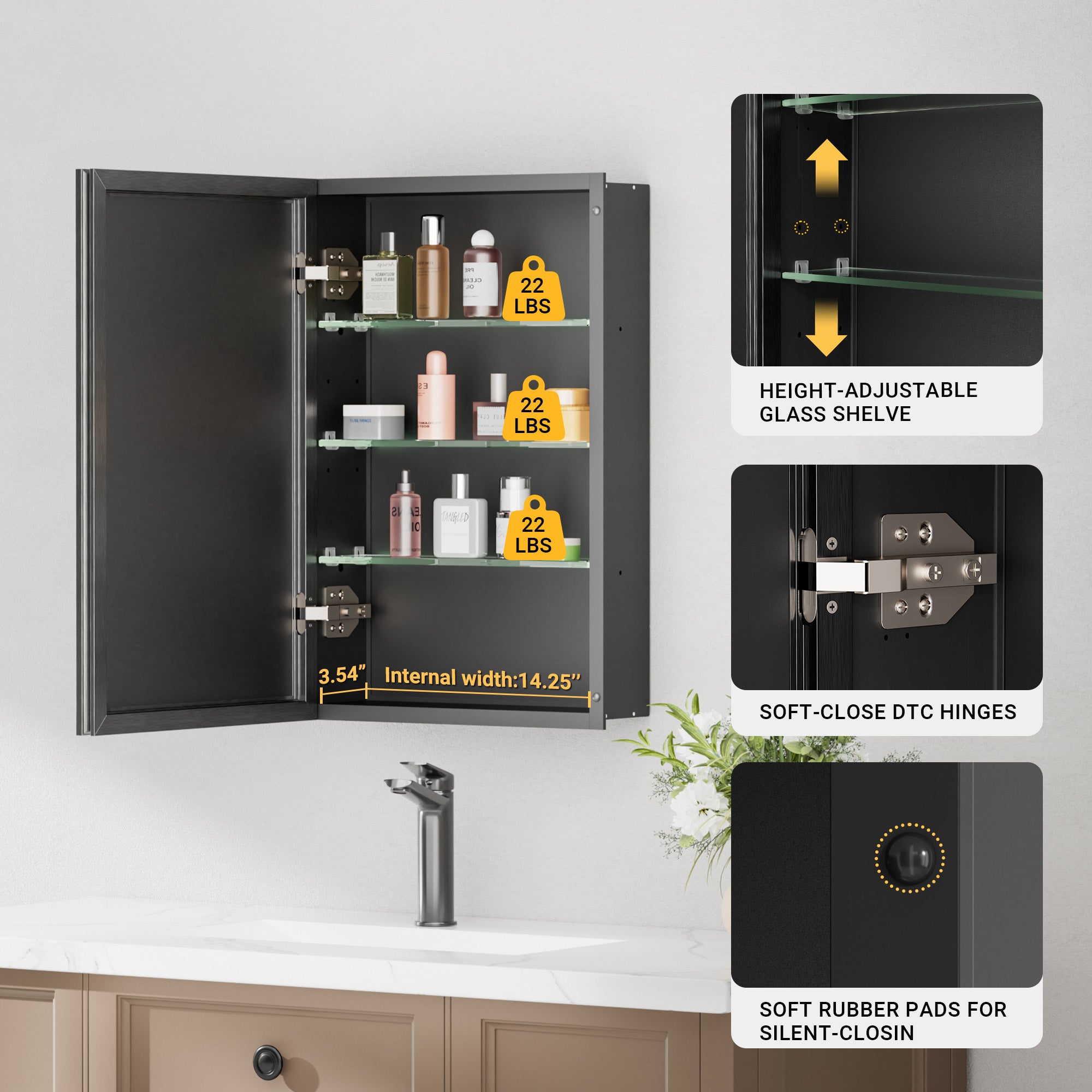 16x24'' Matte Black Framed Beveled Mirror Medicine Cabinet with Adjustable Glass Shelving