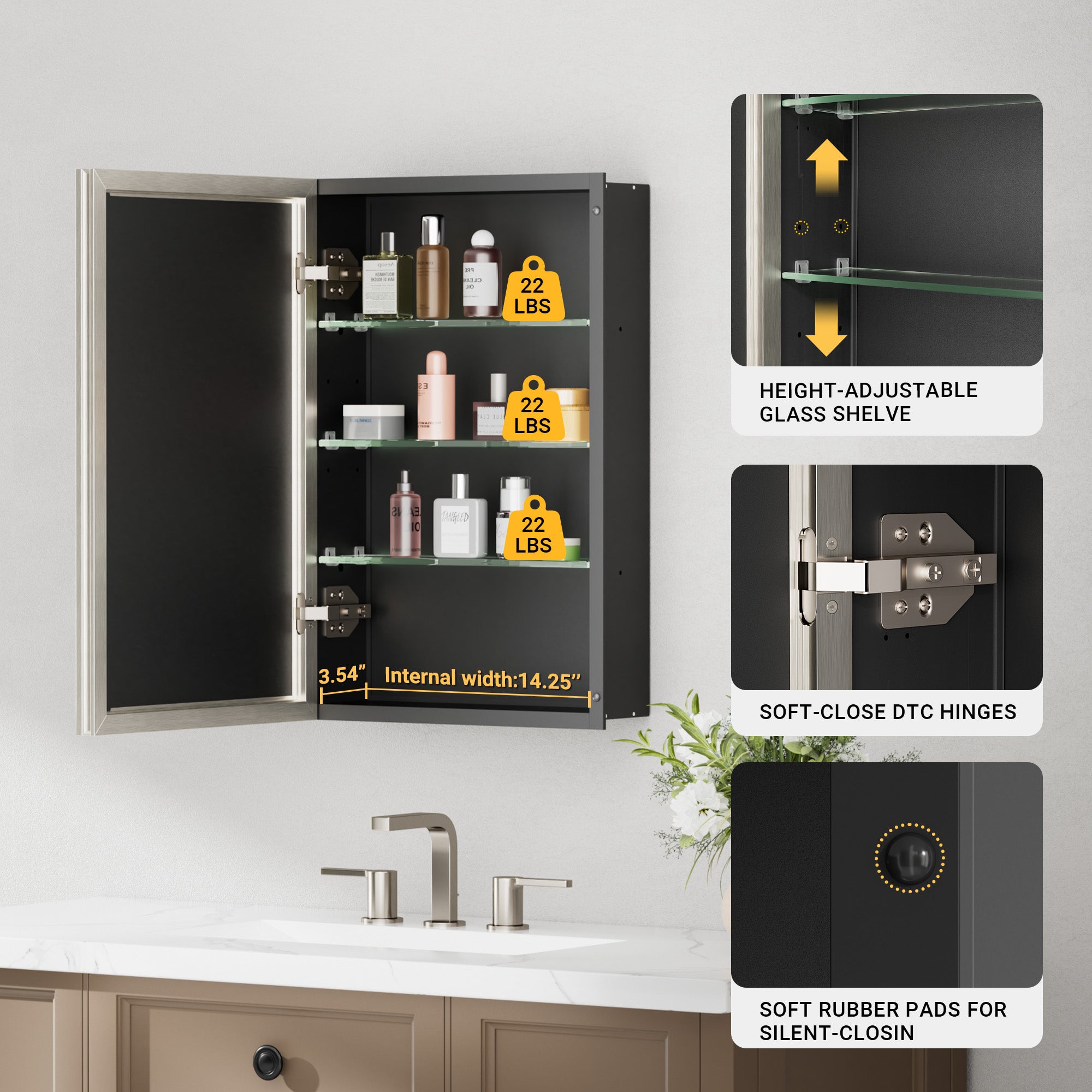 16x24'' Brushed Nickel Framed Beveled Mirror Medicine Cabinet with Adjustable Glass Shelving