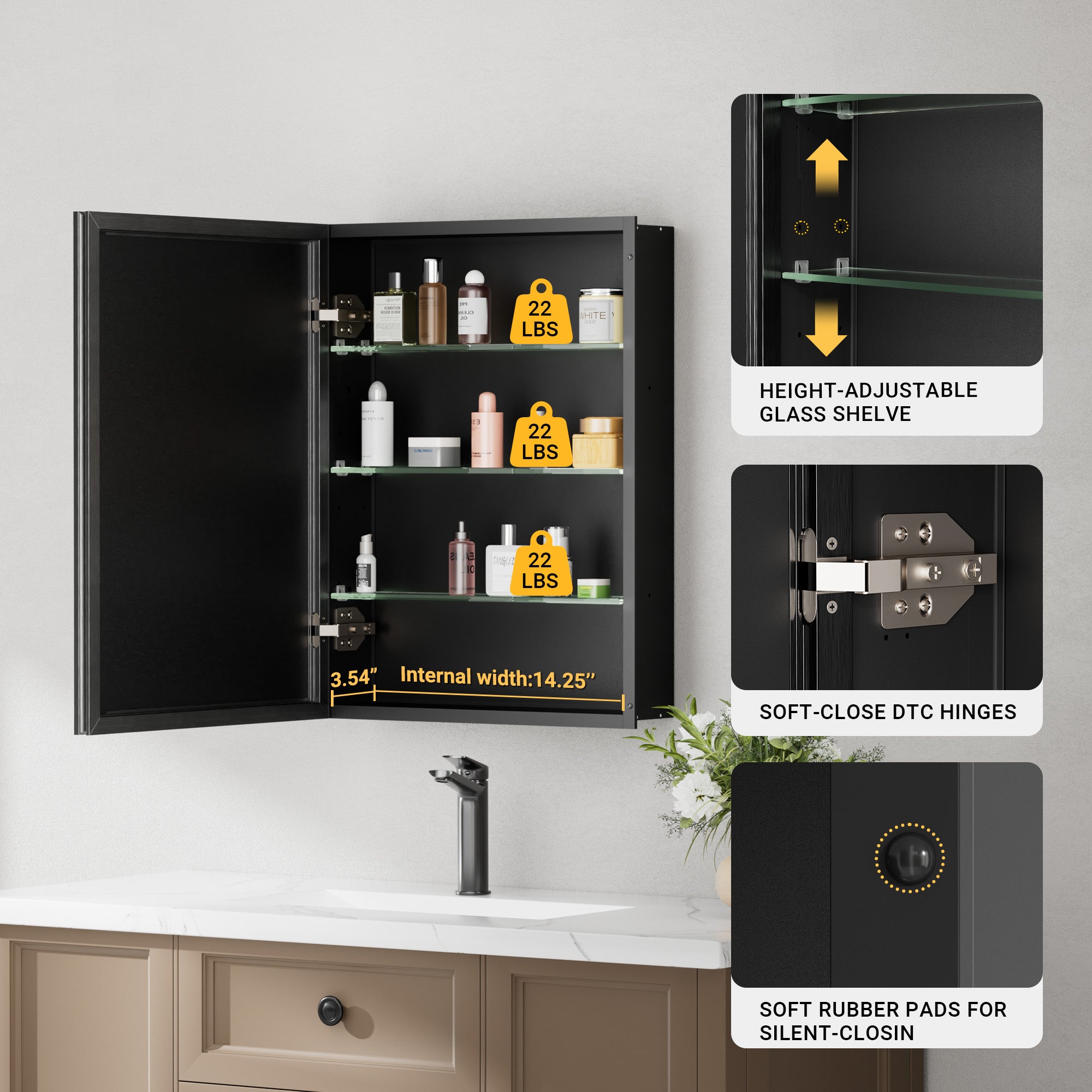 16x26'' Matte Black Framed Beveled Mirror Medicine Cabinet with Adjustable Glass Shelving